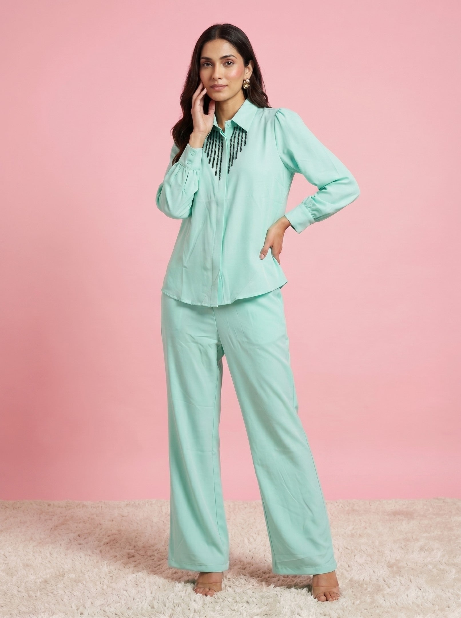 Ice Blue Cotton  Embroidered Co-Ord Set