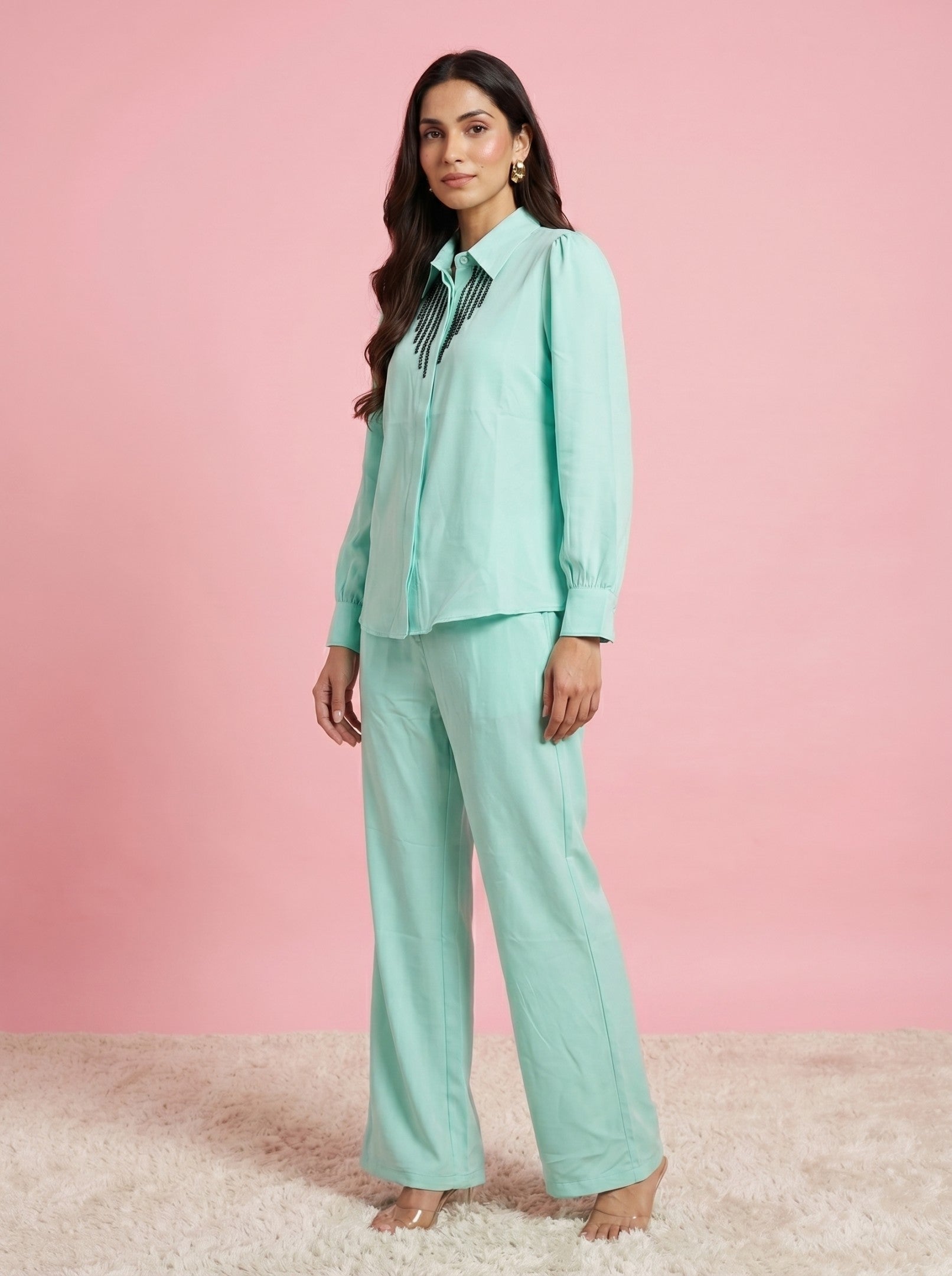 Ice Blue Cotton  Embroidered Co-Ord Set