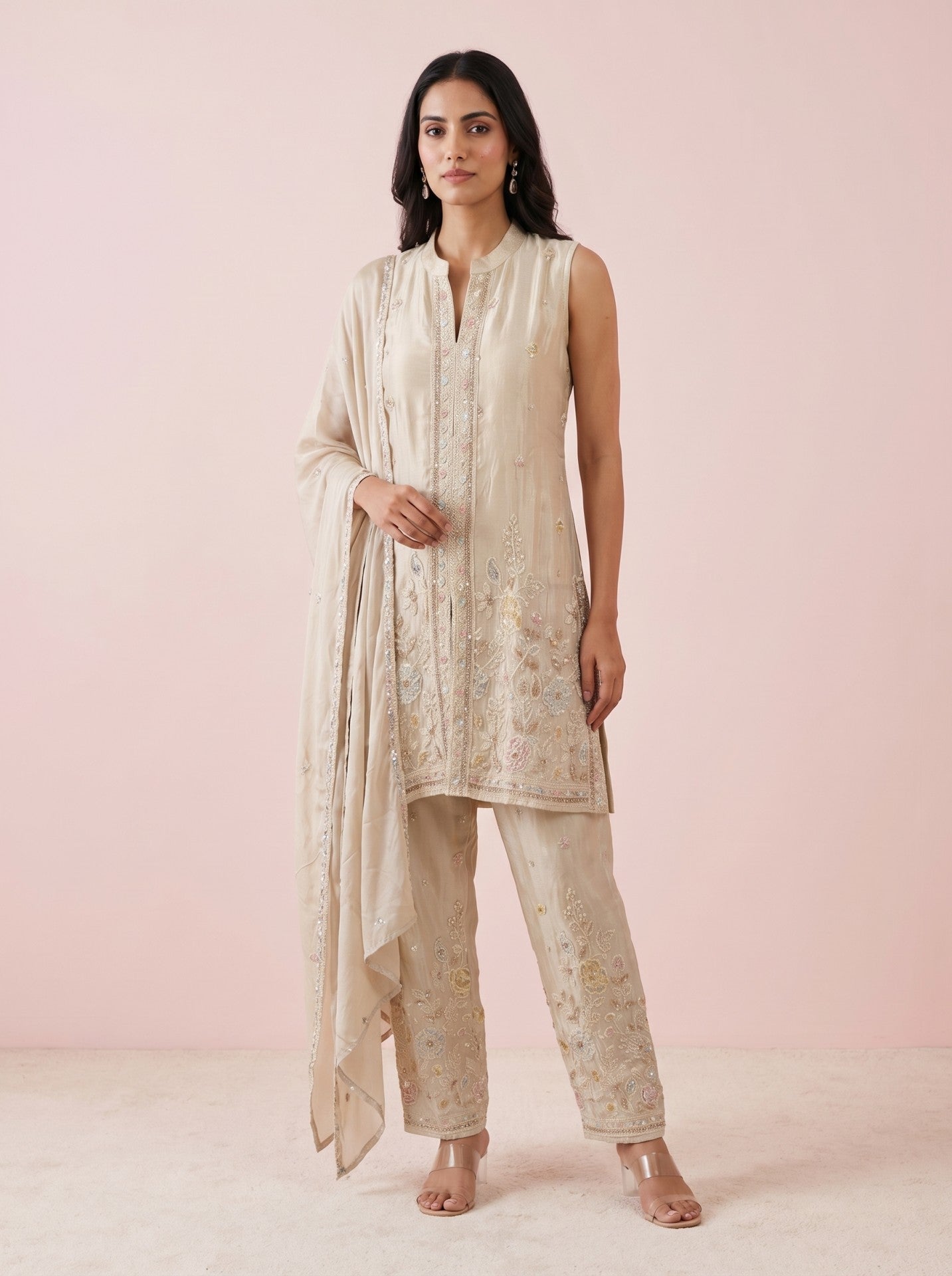 Cream Embroidered Sleeveless Sharara Set With Bottom