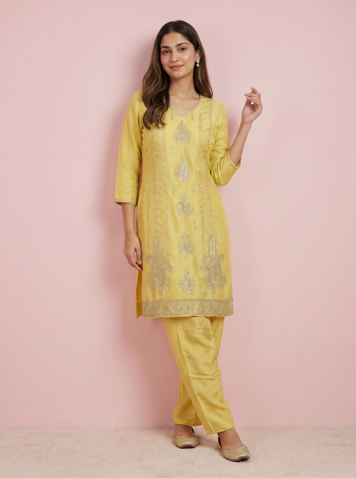 Yellow Chinnon Festive Sharara Suit Set