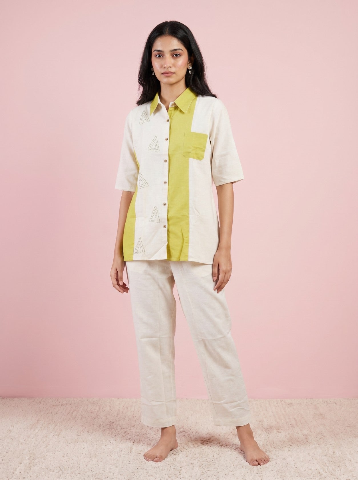 White & Green Color Block Cotton Co-Ord Set