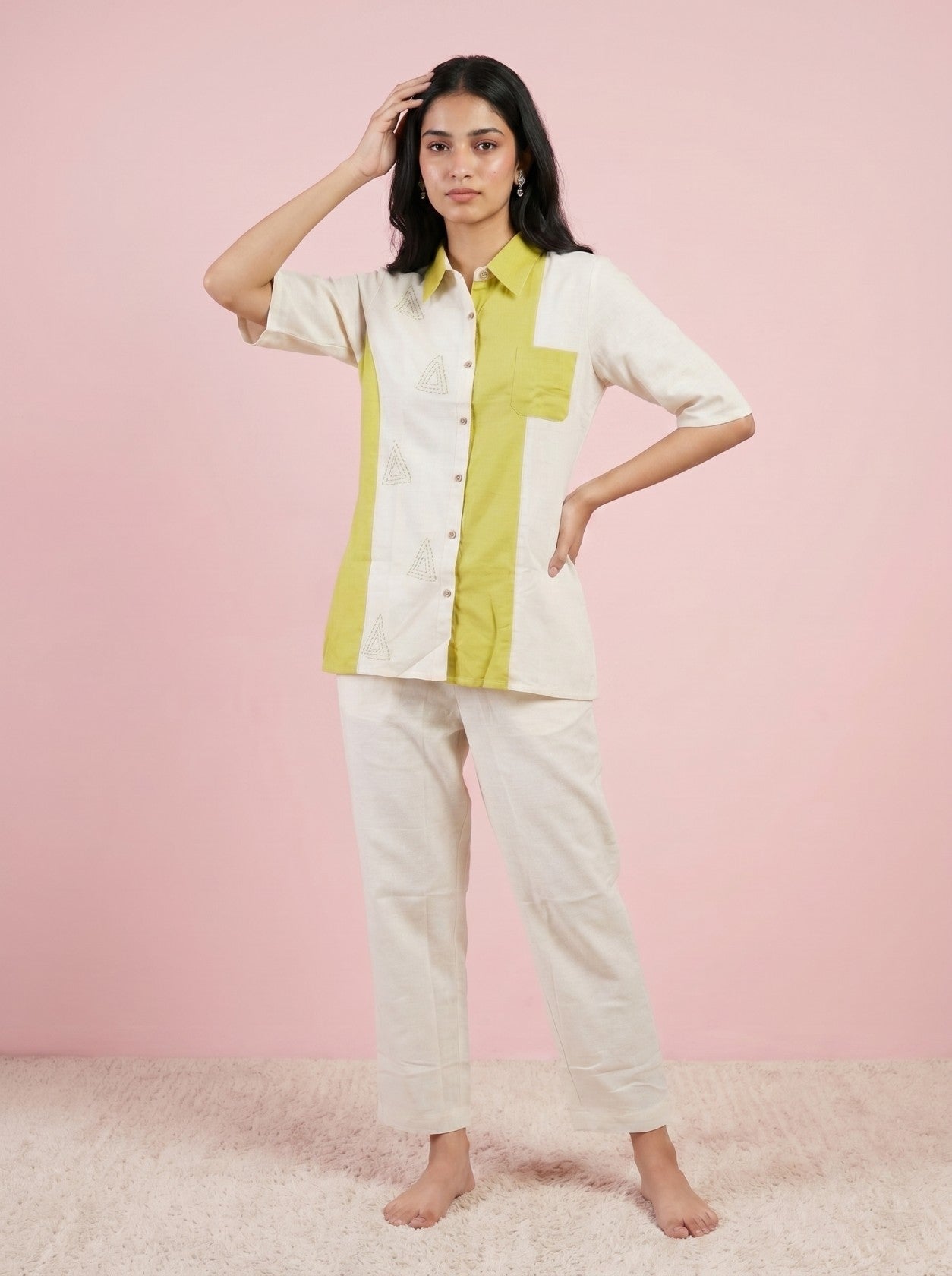 White & Green Color Block Cotton Co-Ord Set