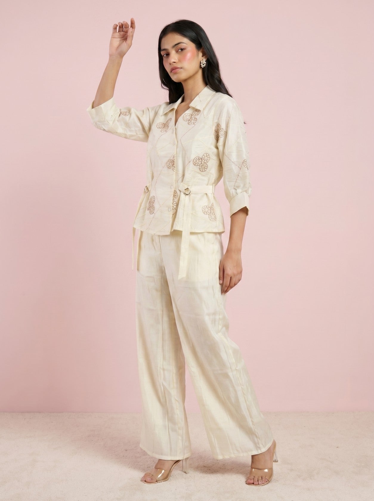 Cream Embroidered Top With Bottom Co-Ord Set