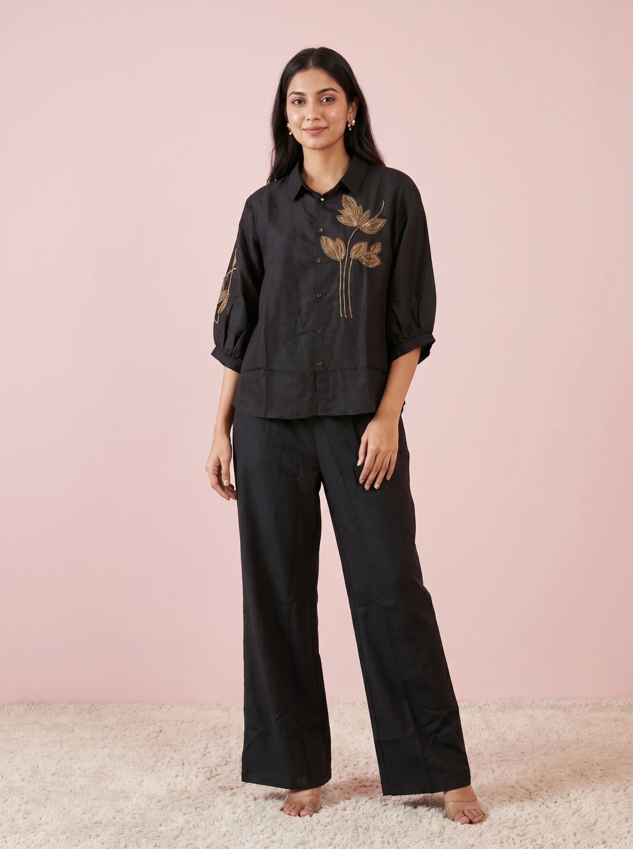 Black Embroidered Top With Bottom Co-Ord Set