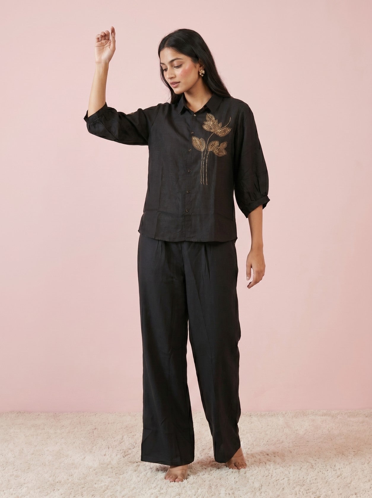 Black Embroidered Top With Bottom Co-Ord Set