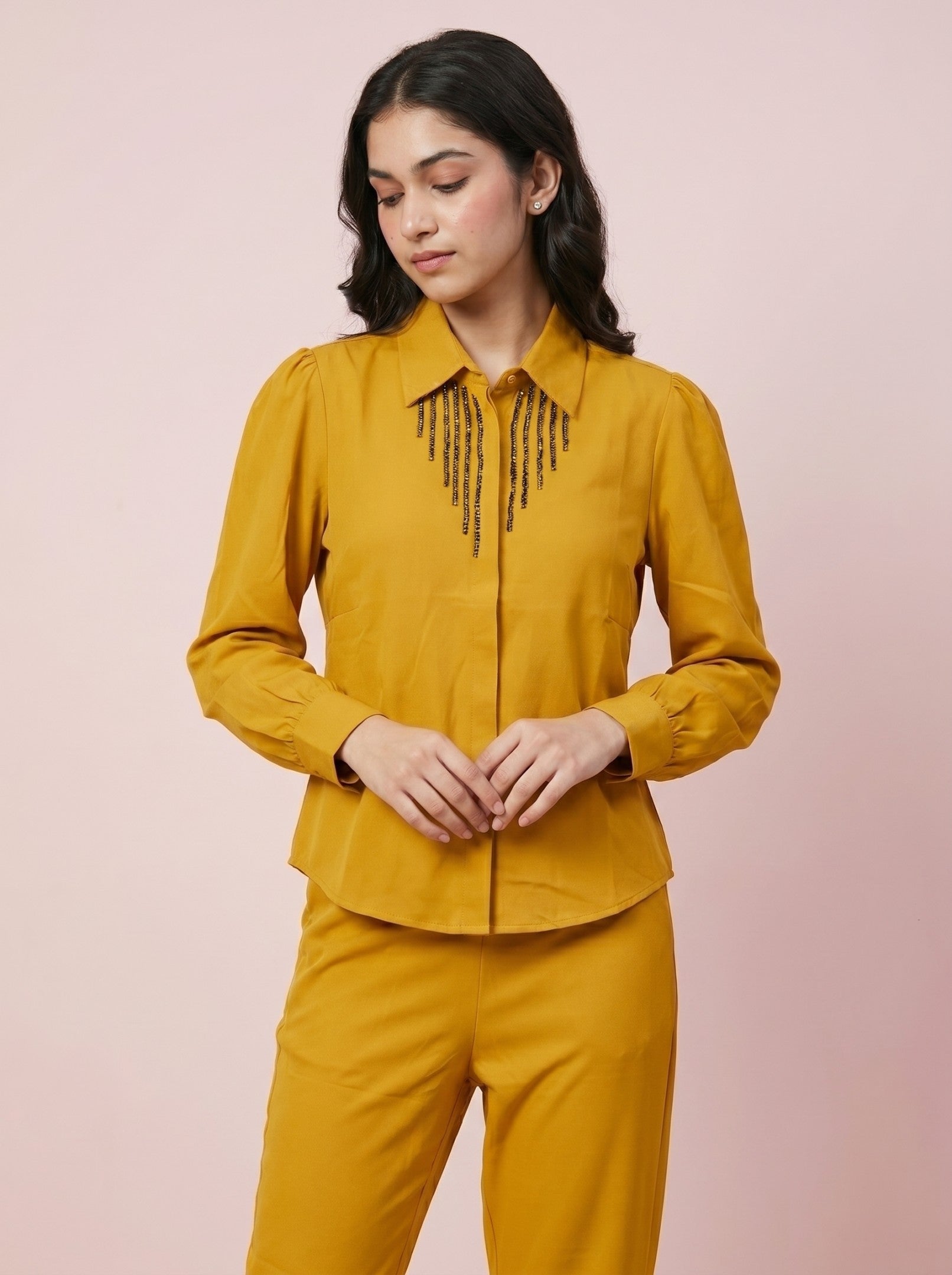 Mustard Flared Sleeve Cotton Embroidered Co-Ord Set