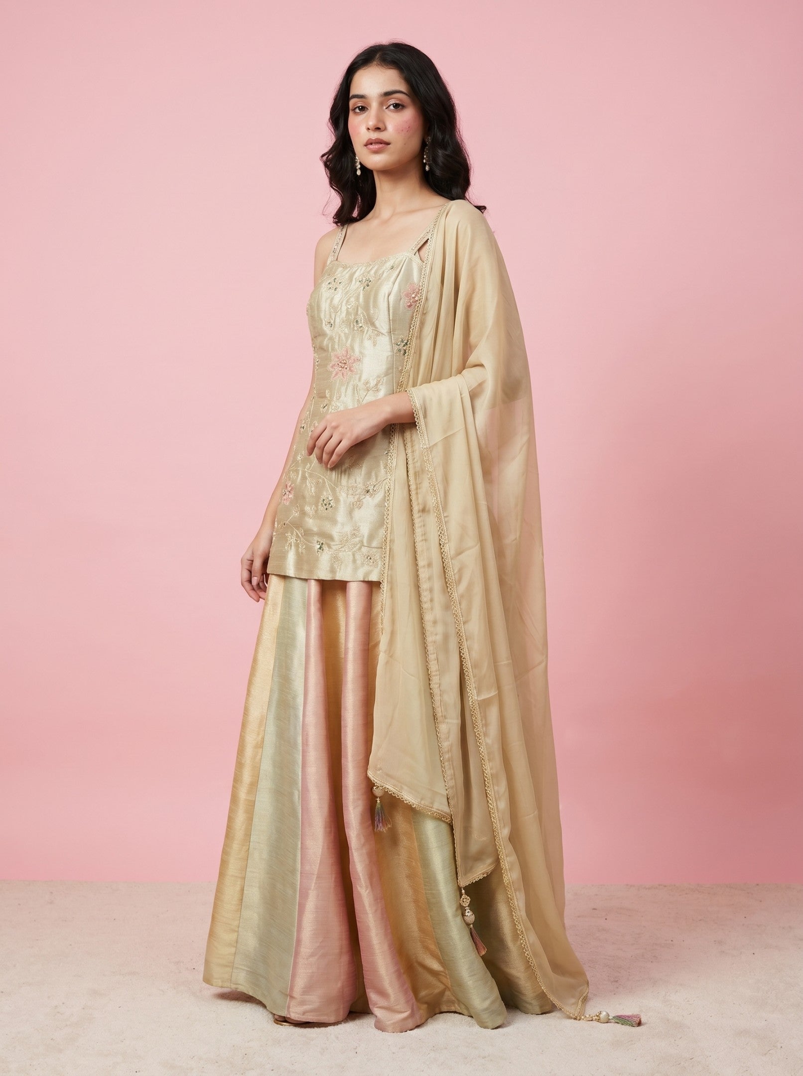 Beige Embroidered Bodice With Multicolor Sharara Suit