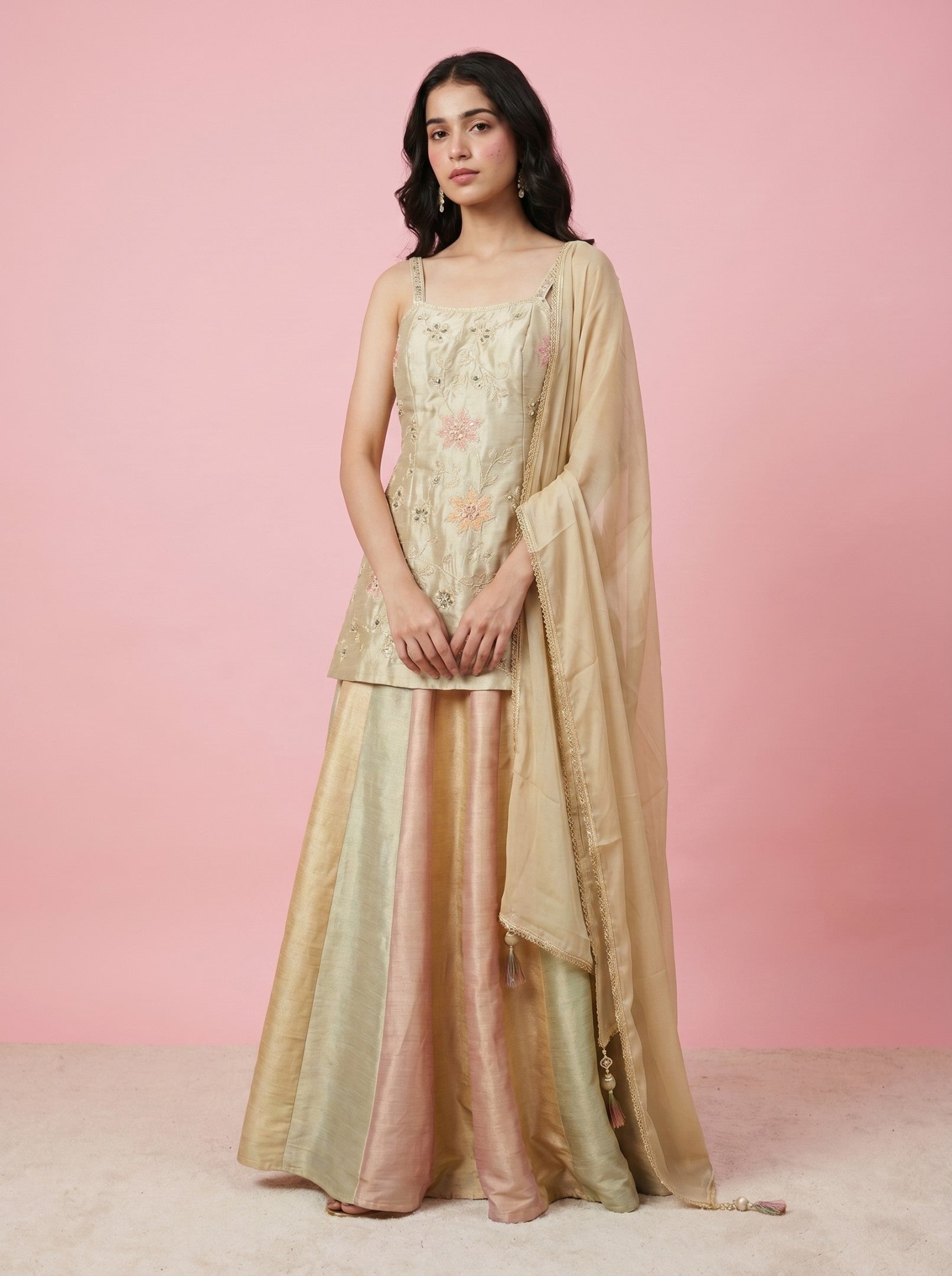 Beige Embroidered Bodice With Multicolor Sharara Suit
