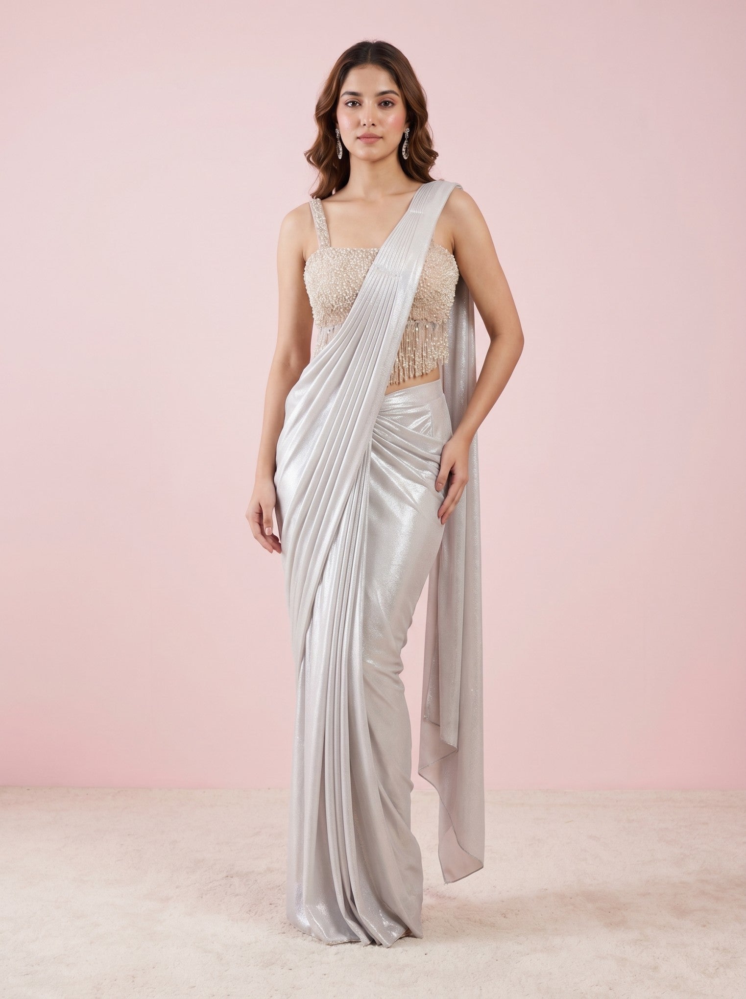 Grey Sequined Cocktail Drape Saree