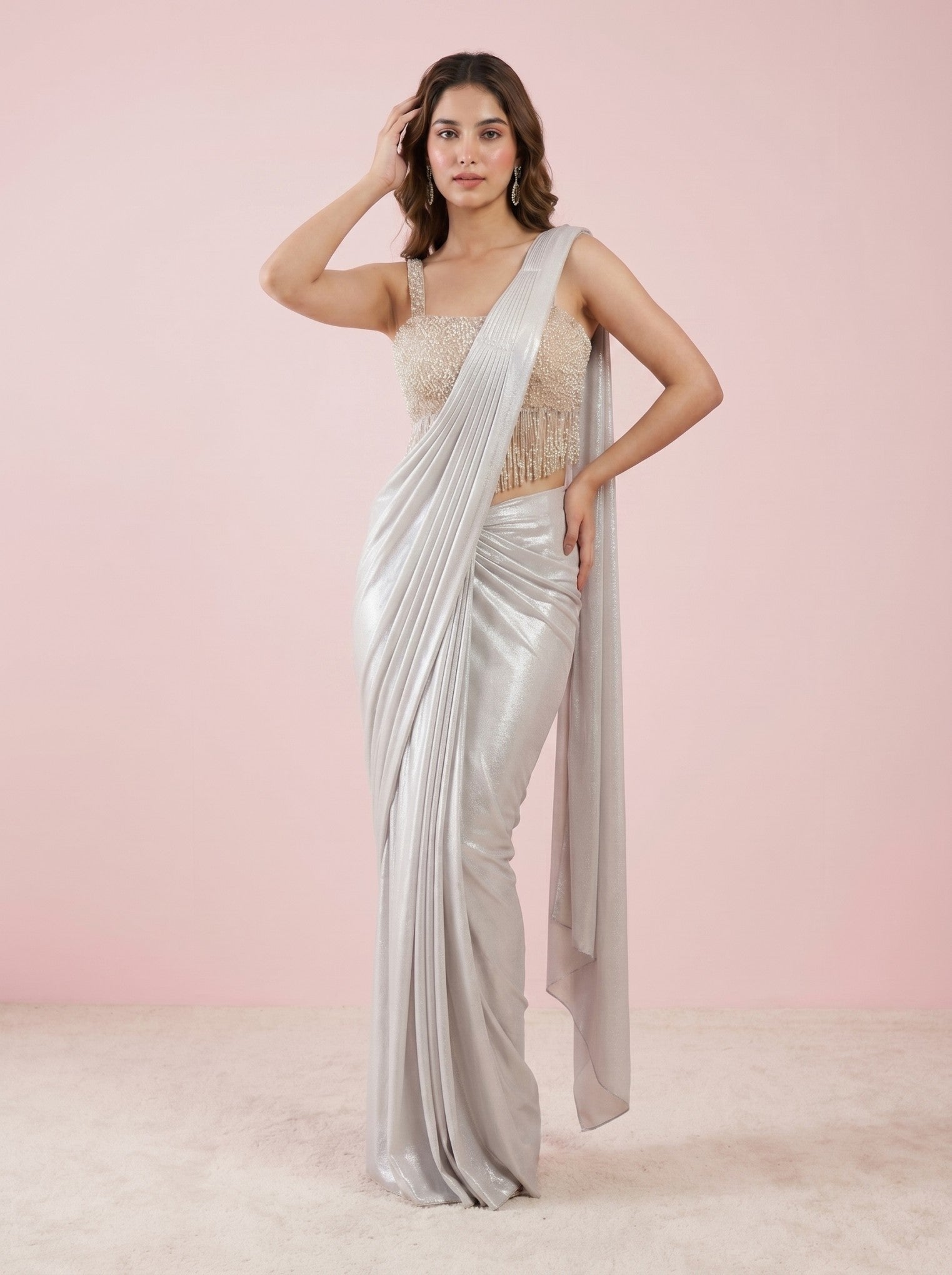 Grey Sequined Cocktail Drape Saree