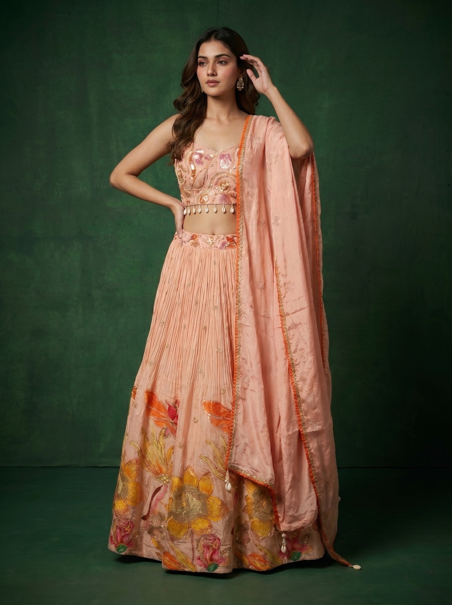 Baby Pink Chinnon Crepe Embroidered Lehenga