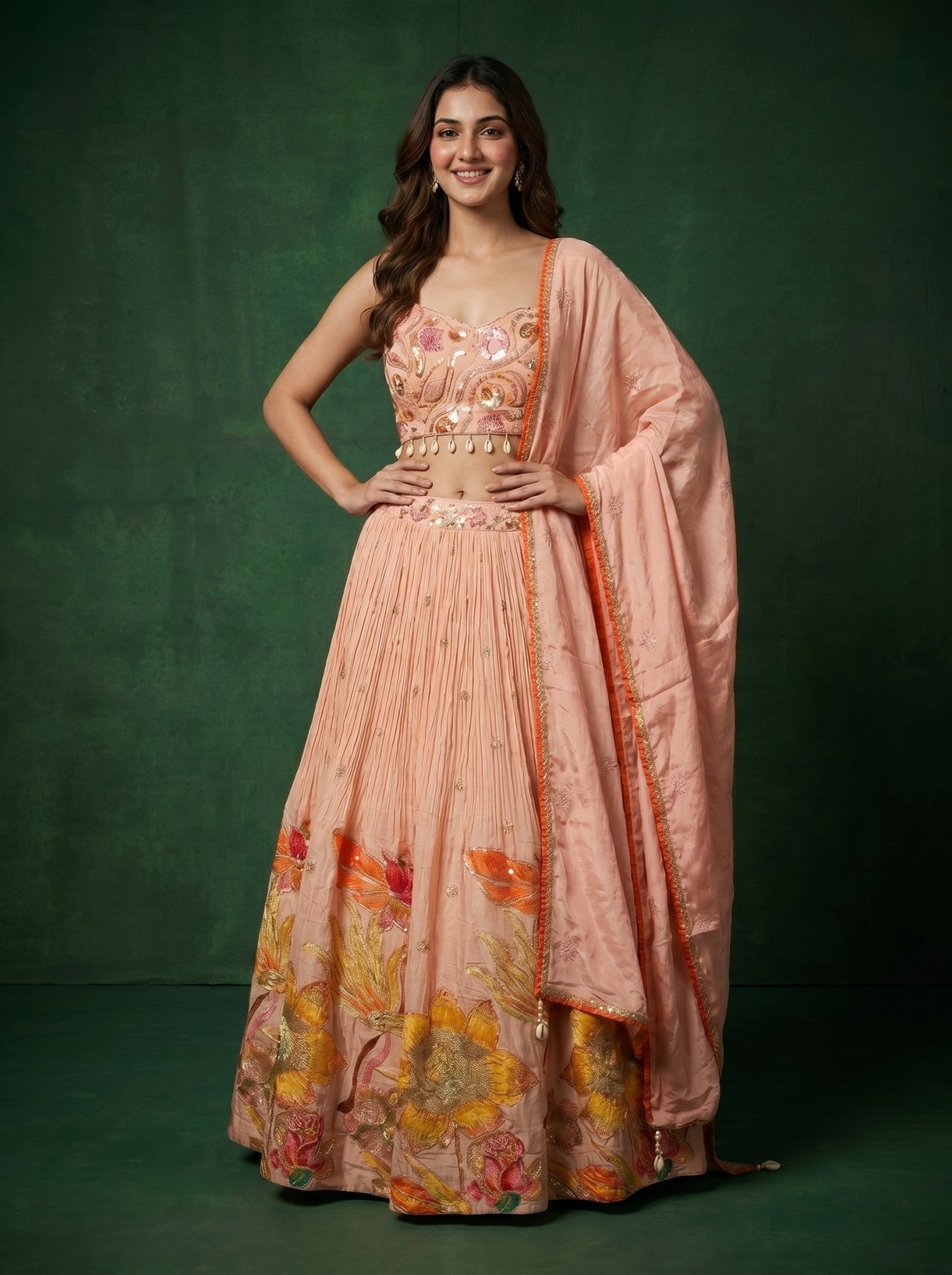 Baby Pink Chinnon Crepe Embroidered Lehenga