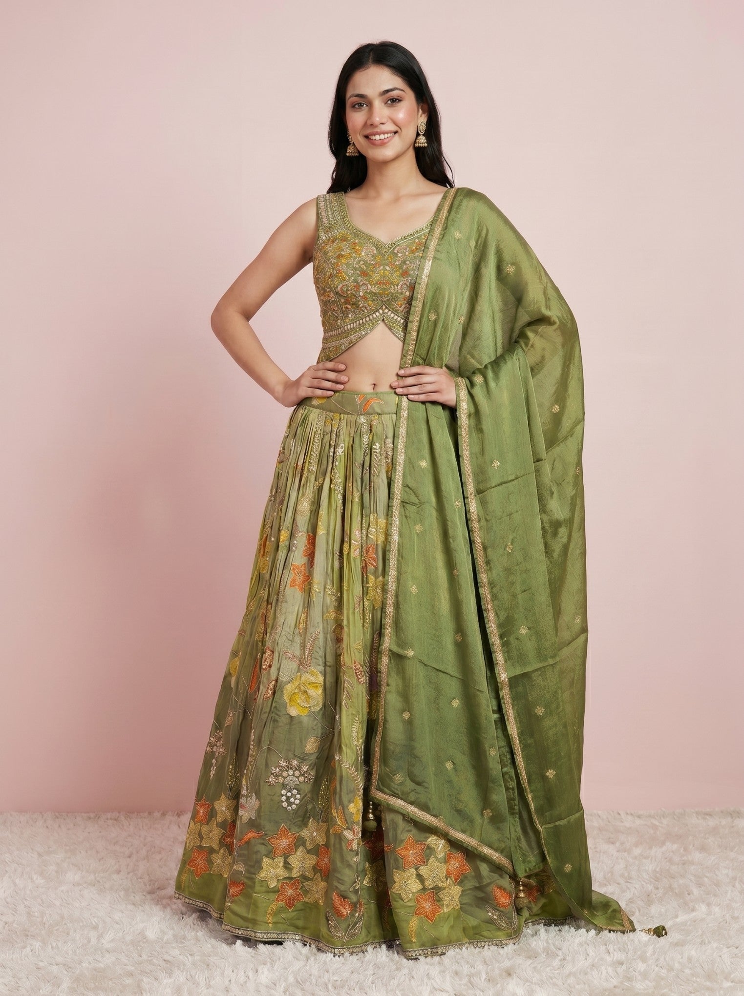 Green Chinnon Crepe Embroidered Lehenga
