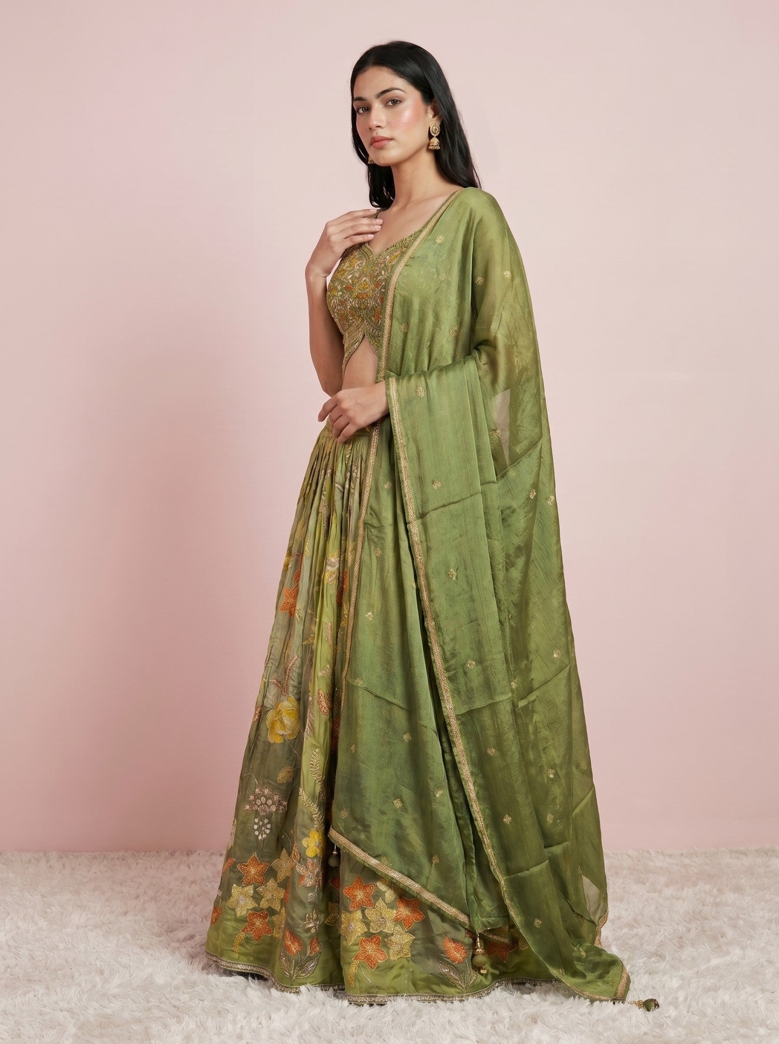 Green Chinnon Crepe Embroidered Lehenga