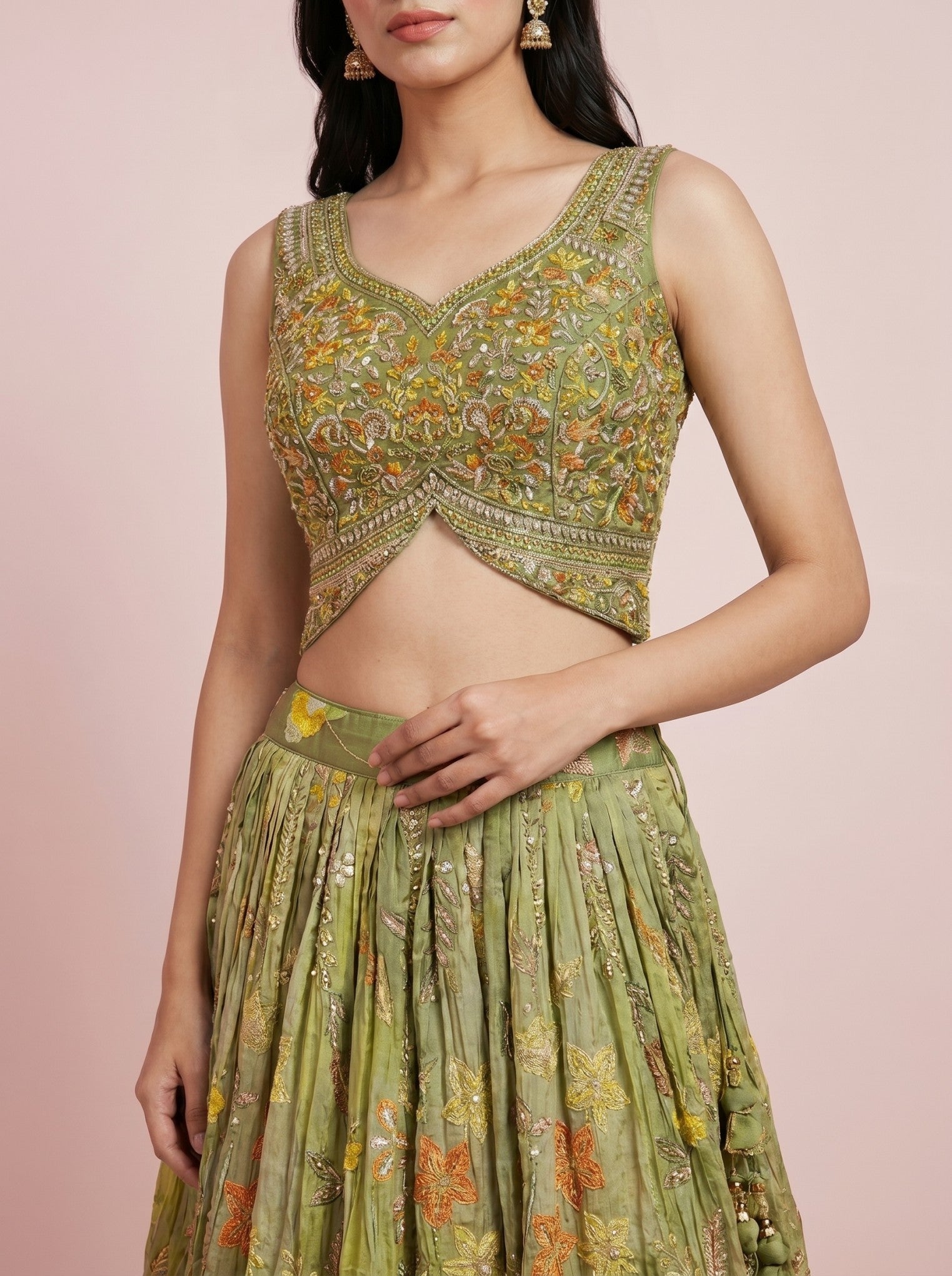 Green Chinnon Crepe Embroidered Lehenga