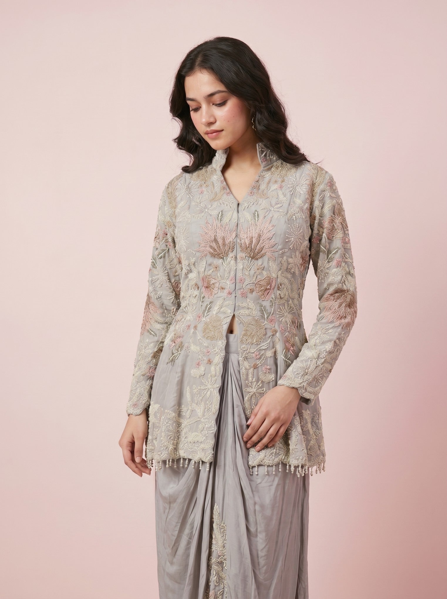 Grey Embroidered Top With Drape Skirt