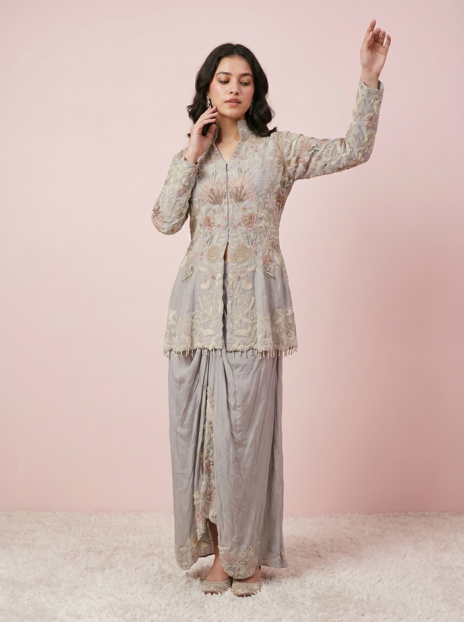 Grey Embroidered Top With Drape Skirt