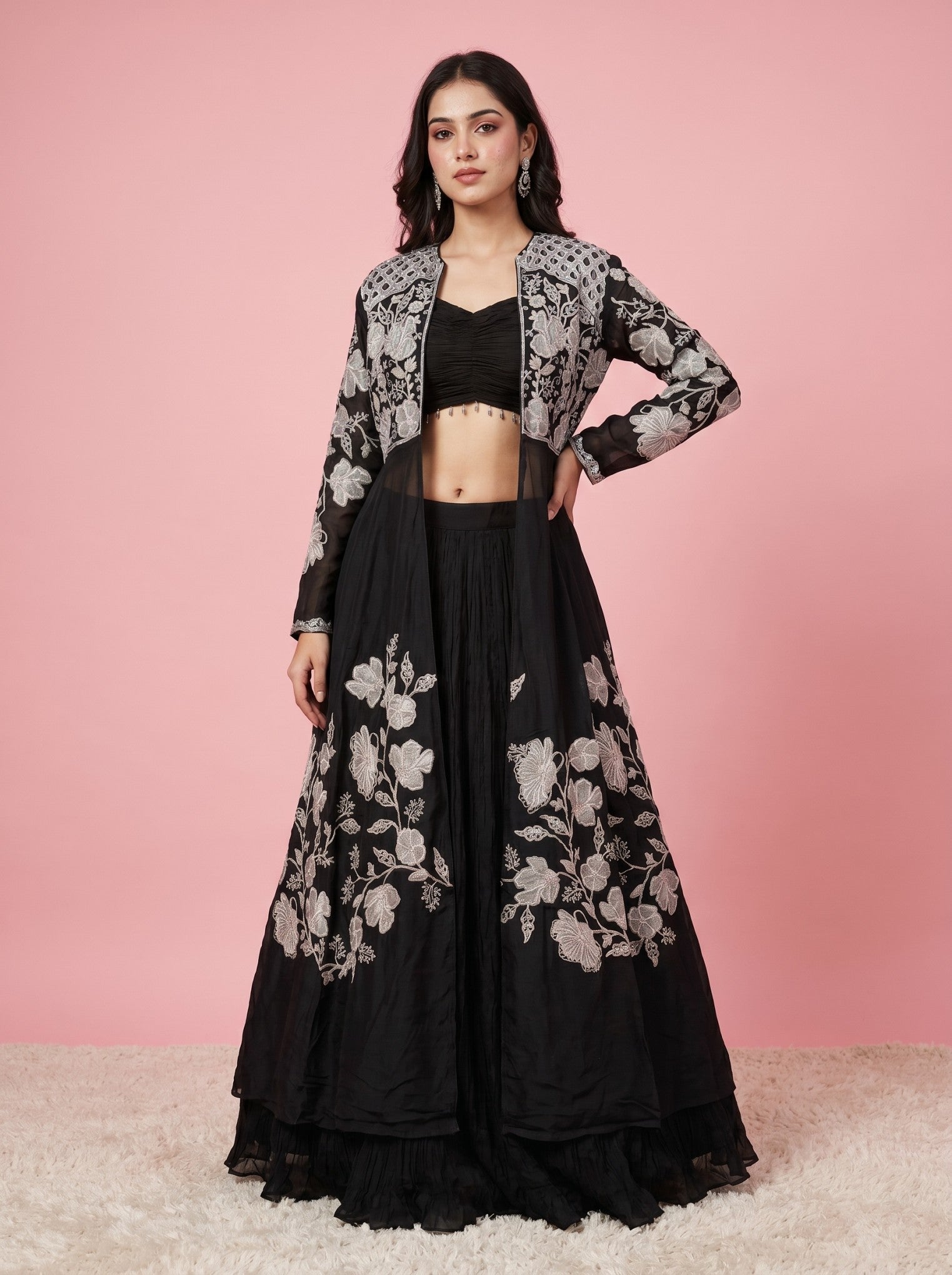 Black Lehenga with Statement Silver Floral Hand Embroidery