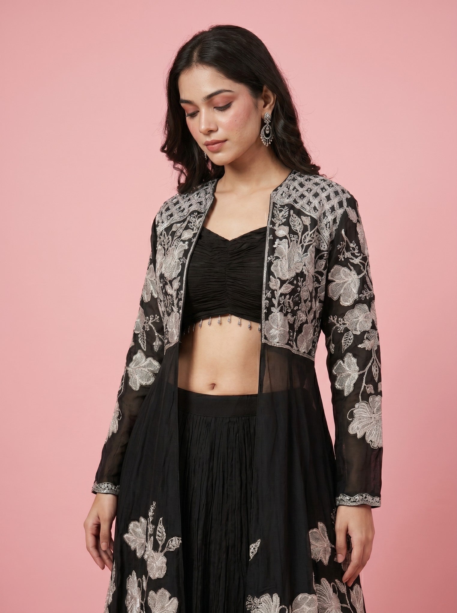 Black Lehenga with Statement Silver Floral Hand Embroidery