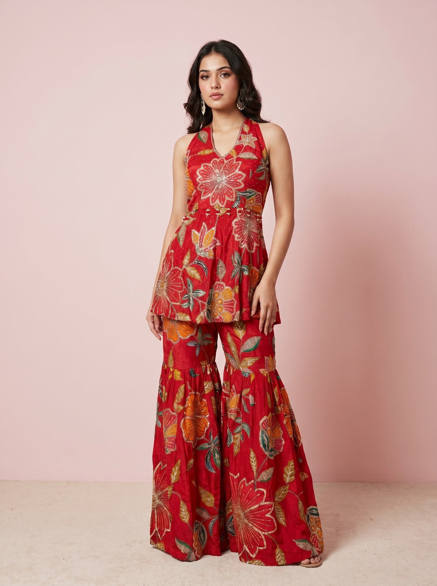 Dark Pink Embroidered Sharara Suit Set