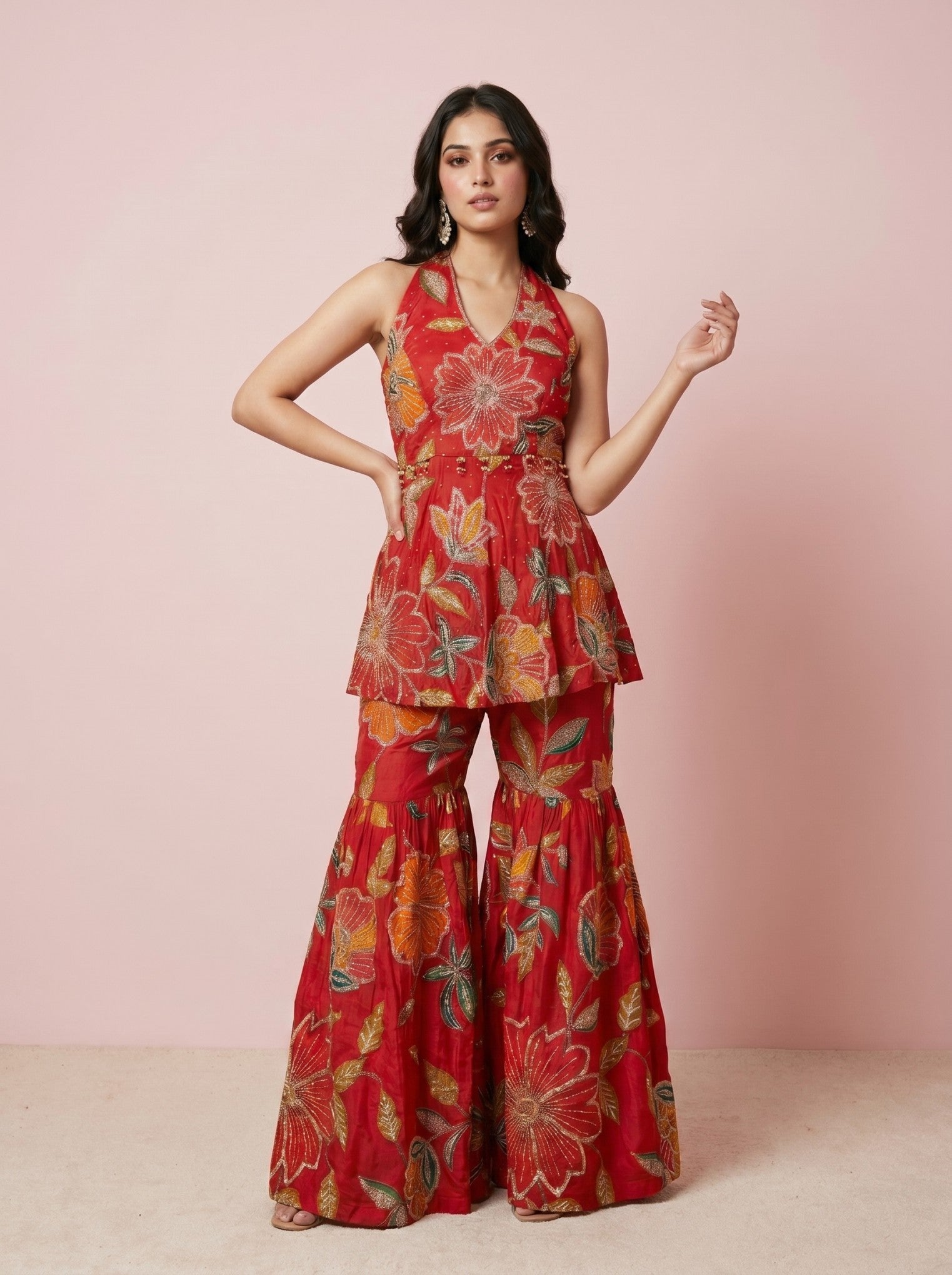 Dark Pink Embroidered Sharara Suit Set