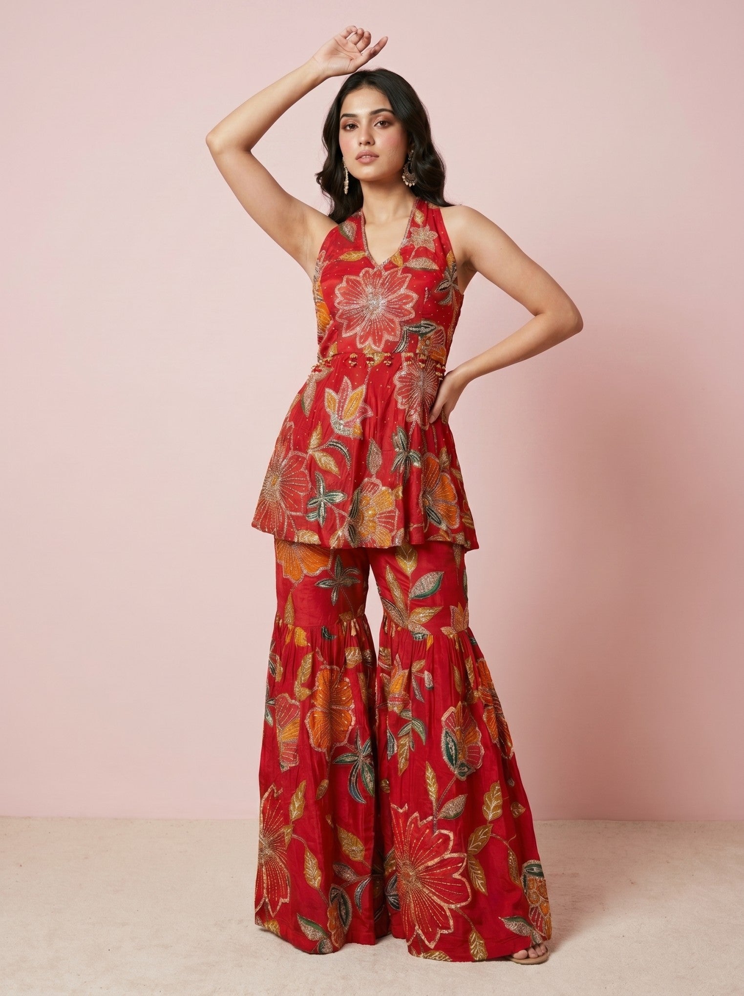 Dark Pink Embroidered Sharara Suit Set