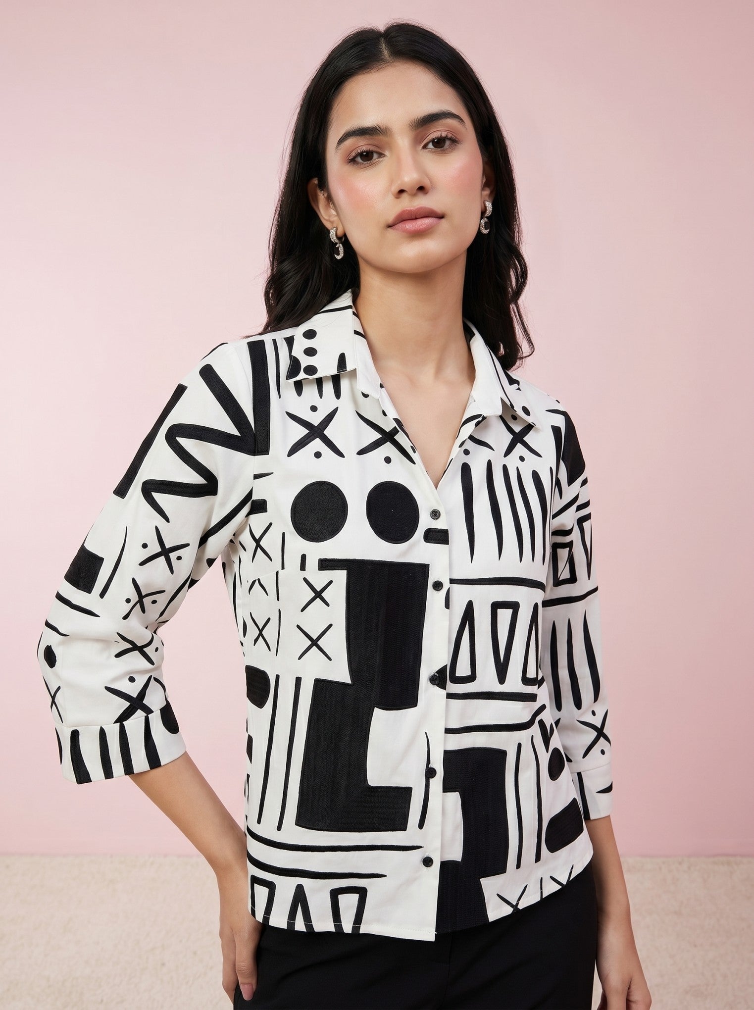 White Printed Collar Shirt