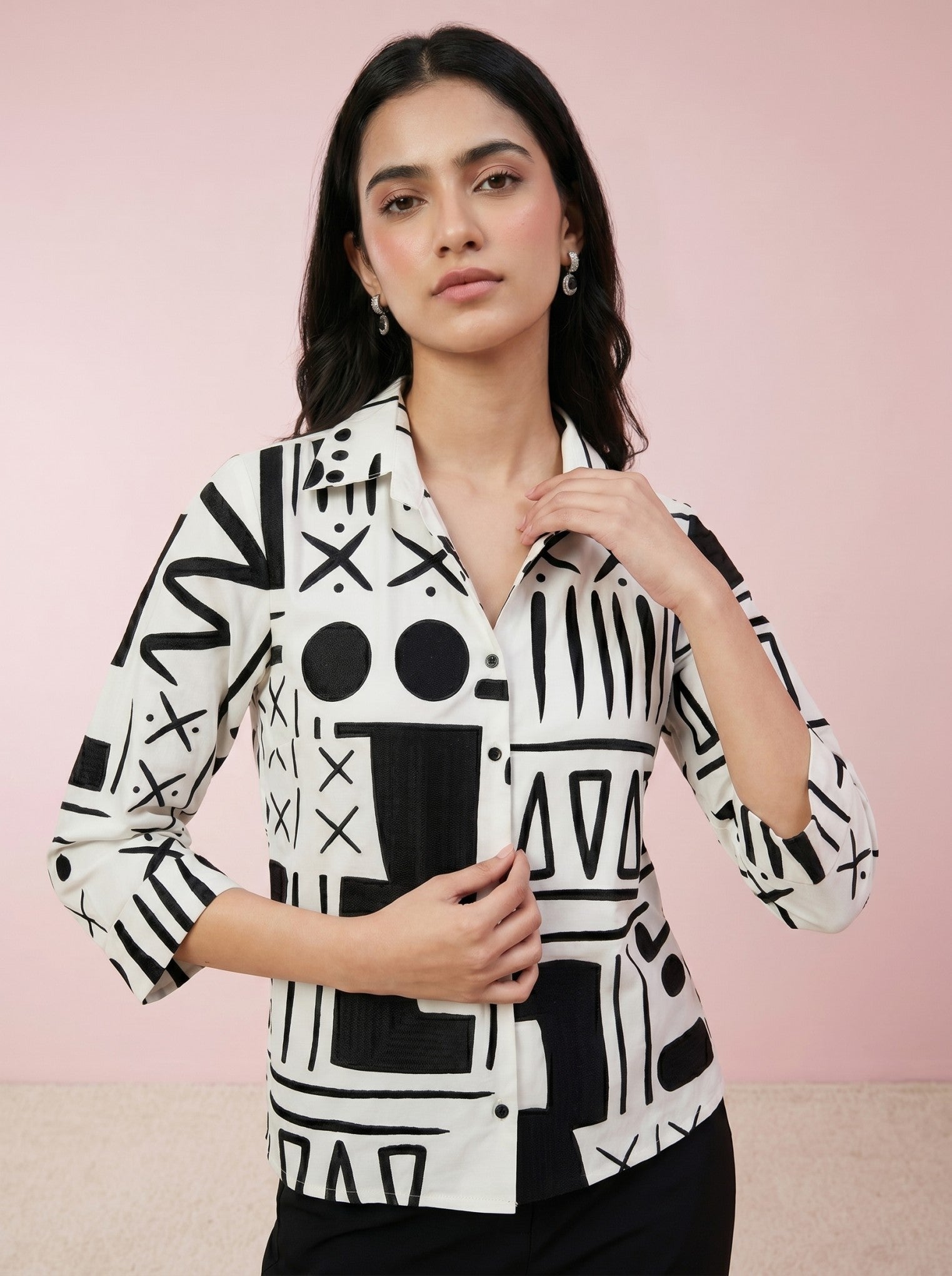 White Printed Collar Shirt