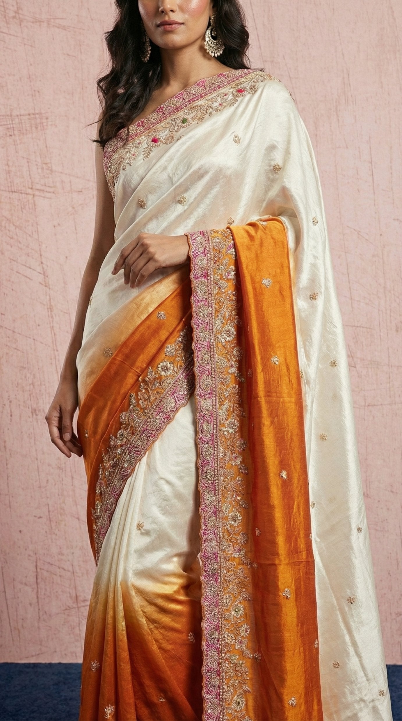 Shaded Orange & White Silk Hand Work Saree