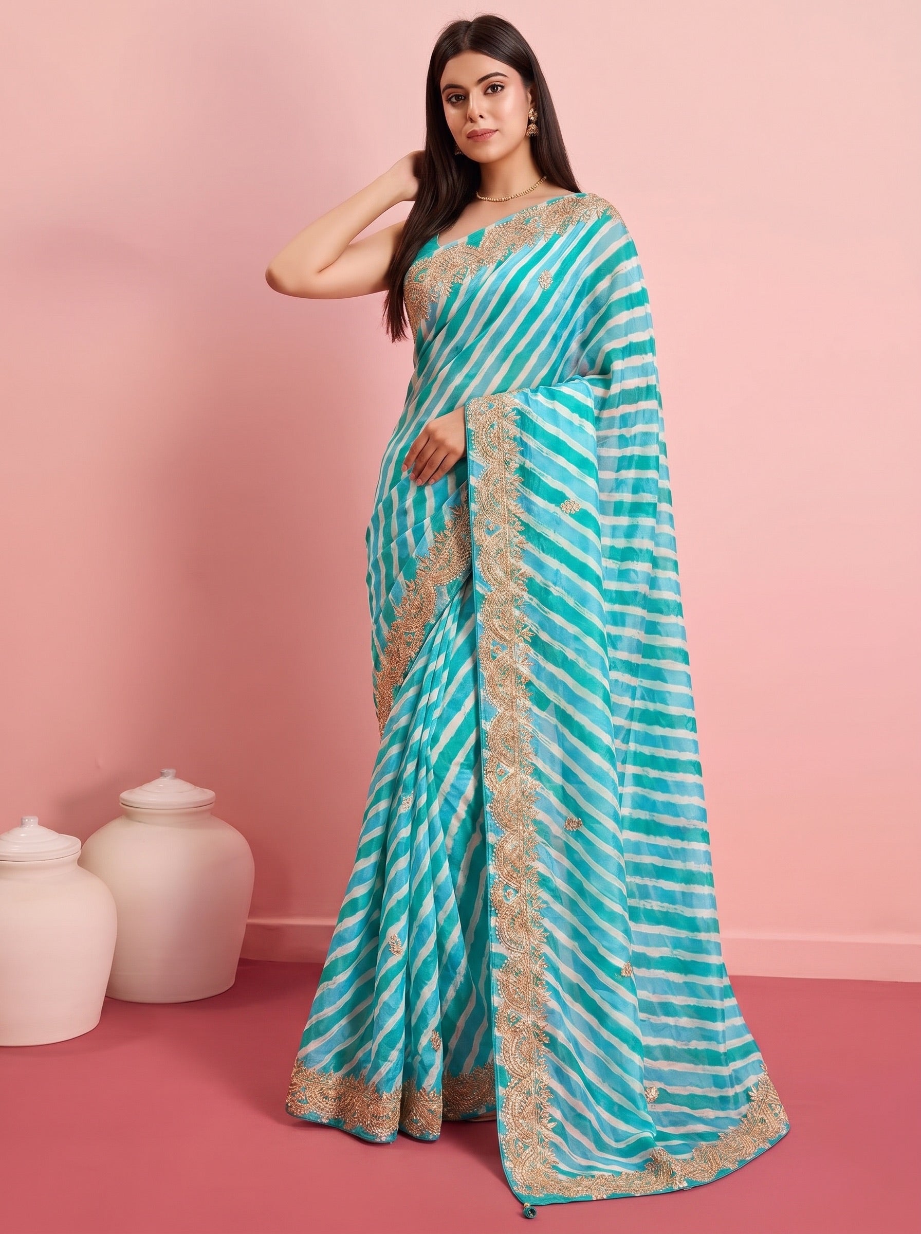 Green Leheriya Pure Tussar Silk Saree