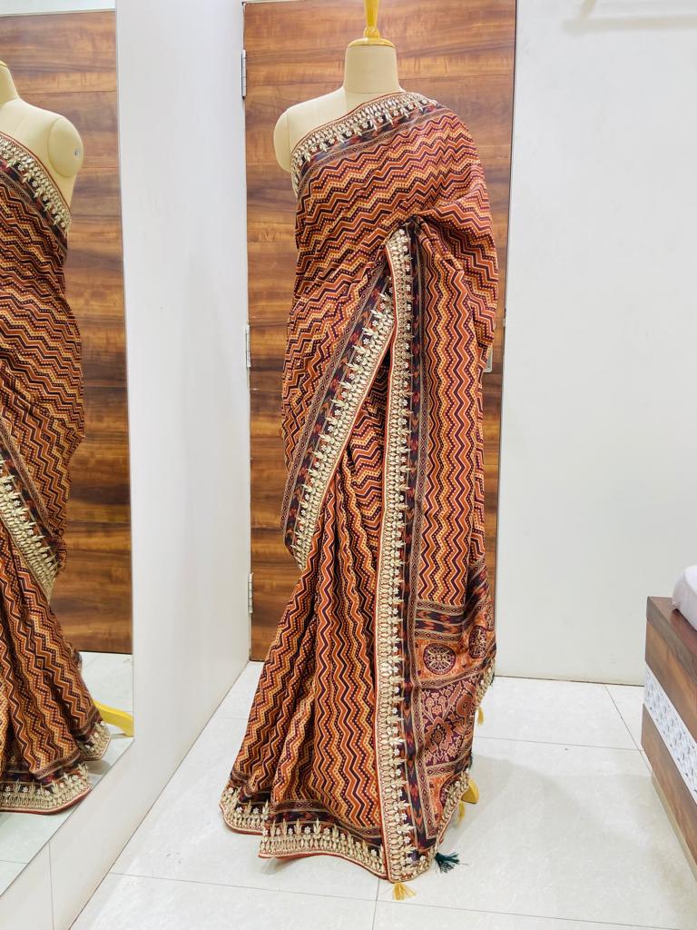 Brown Hand Block Dola Silk Saree