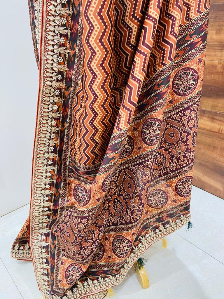 Brown Hand Block Dola Silk Saree