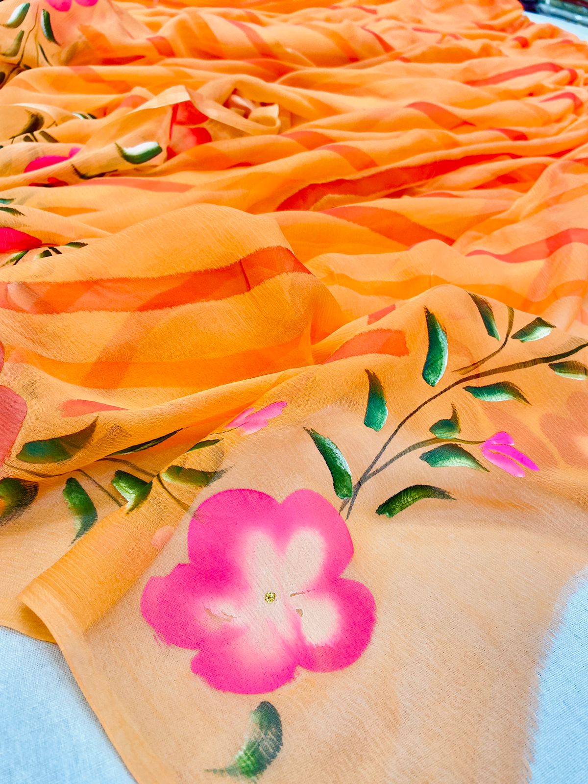 Orange Hand Painted Chiffon Leheriya Saree