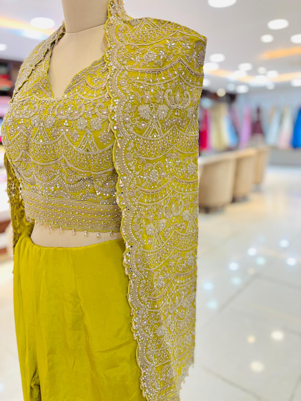 Green Chinnon Silk Embroidered Top WIth Sharara & Shrug