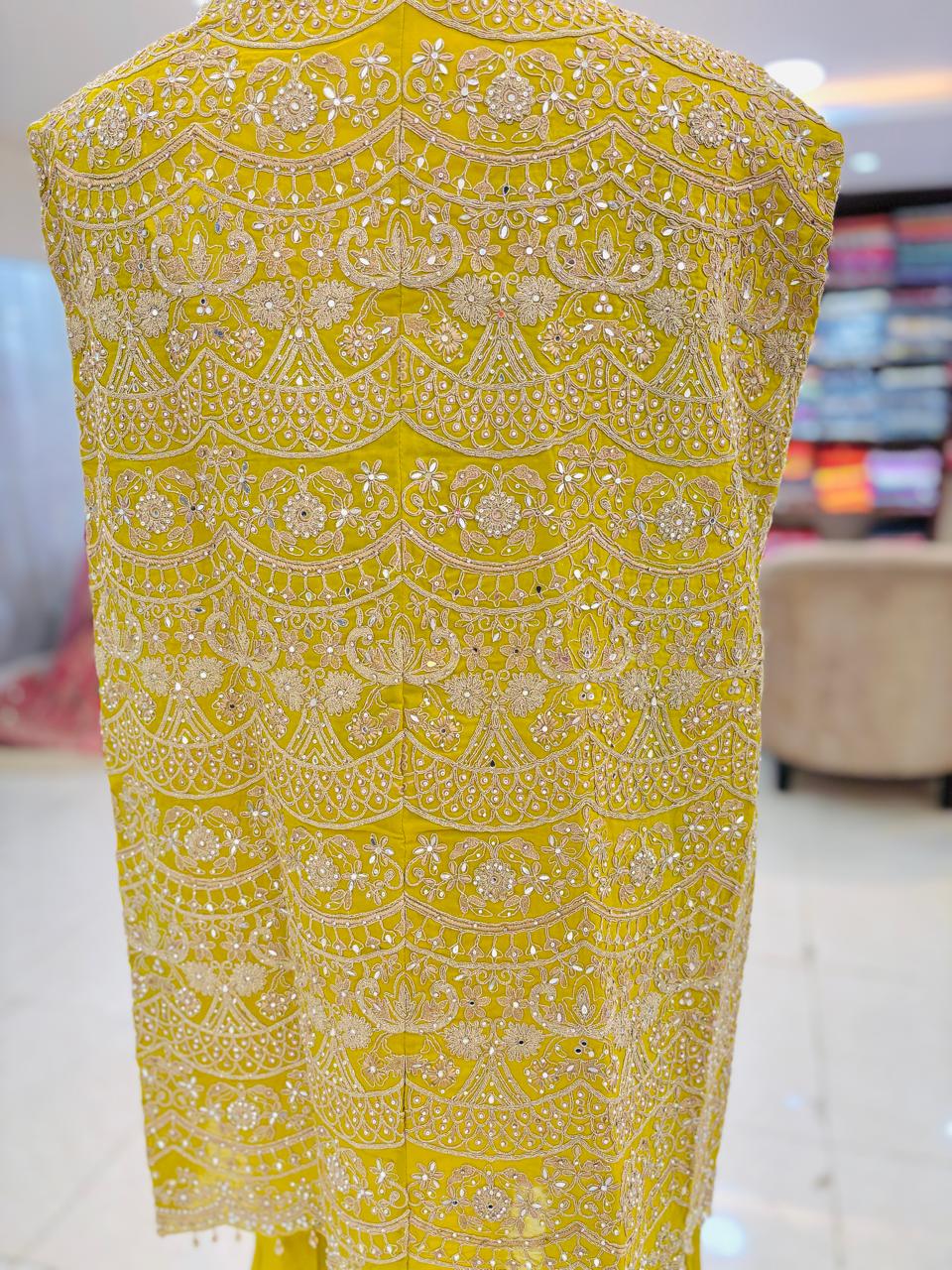 Green Chinnon Silk Embroidered Top WIth Sharara & Shrug