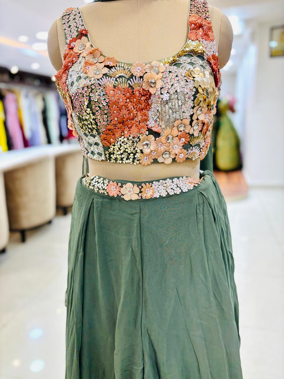 Green Crepe Palazzo Suit With 3D Embroidery Top