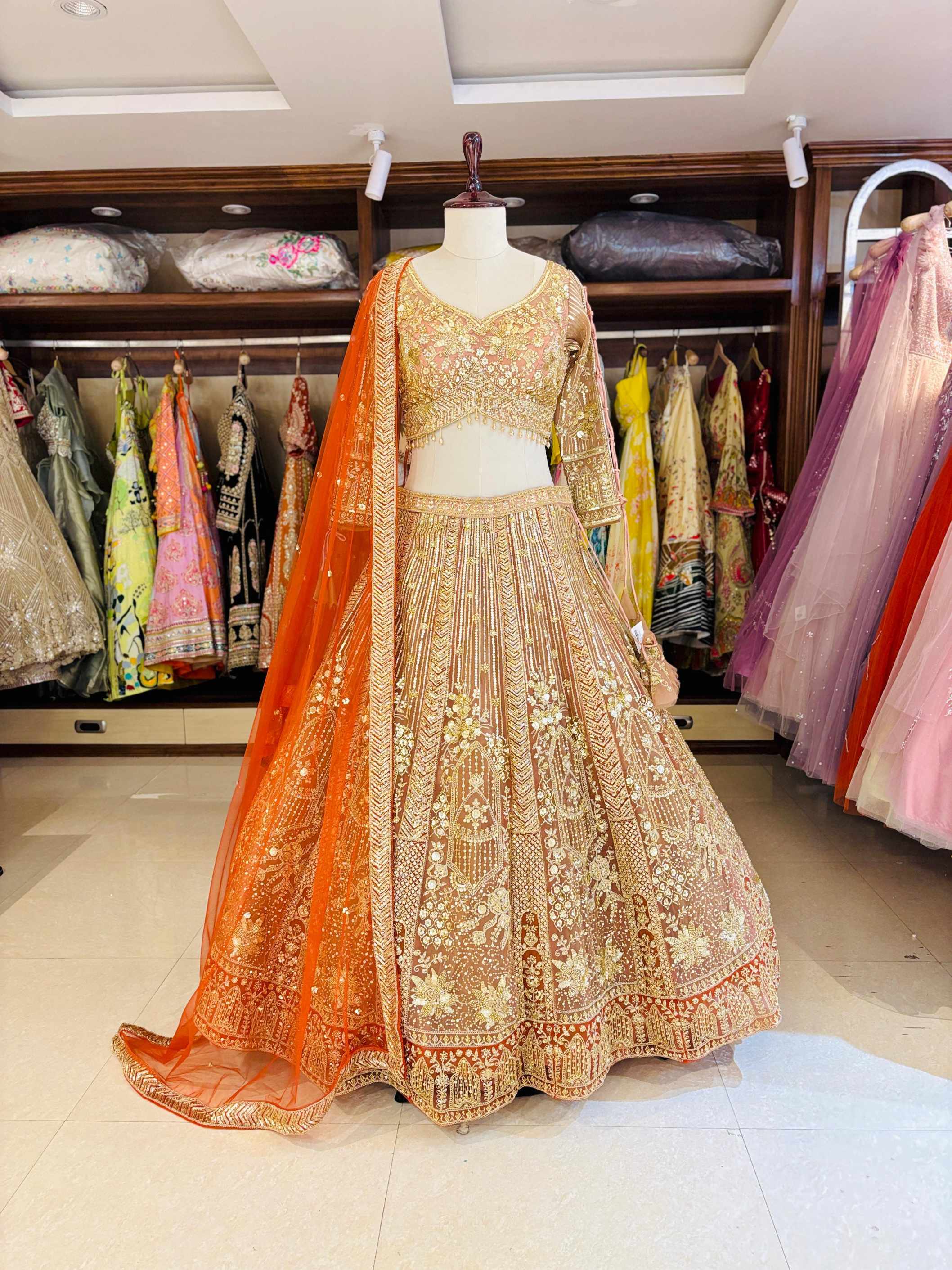 Light Brown Net Embroidered Designer Lehenga