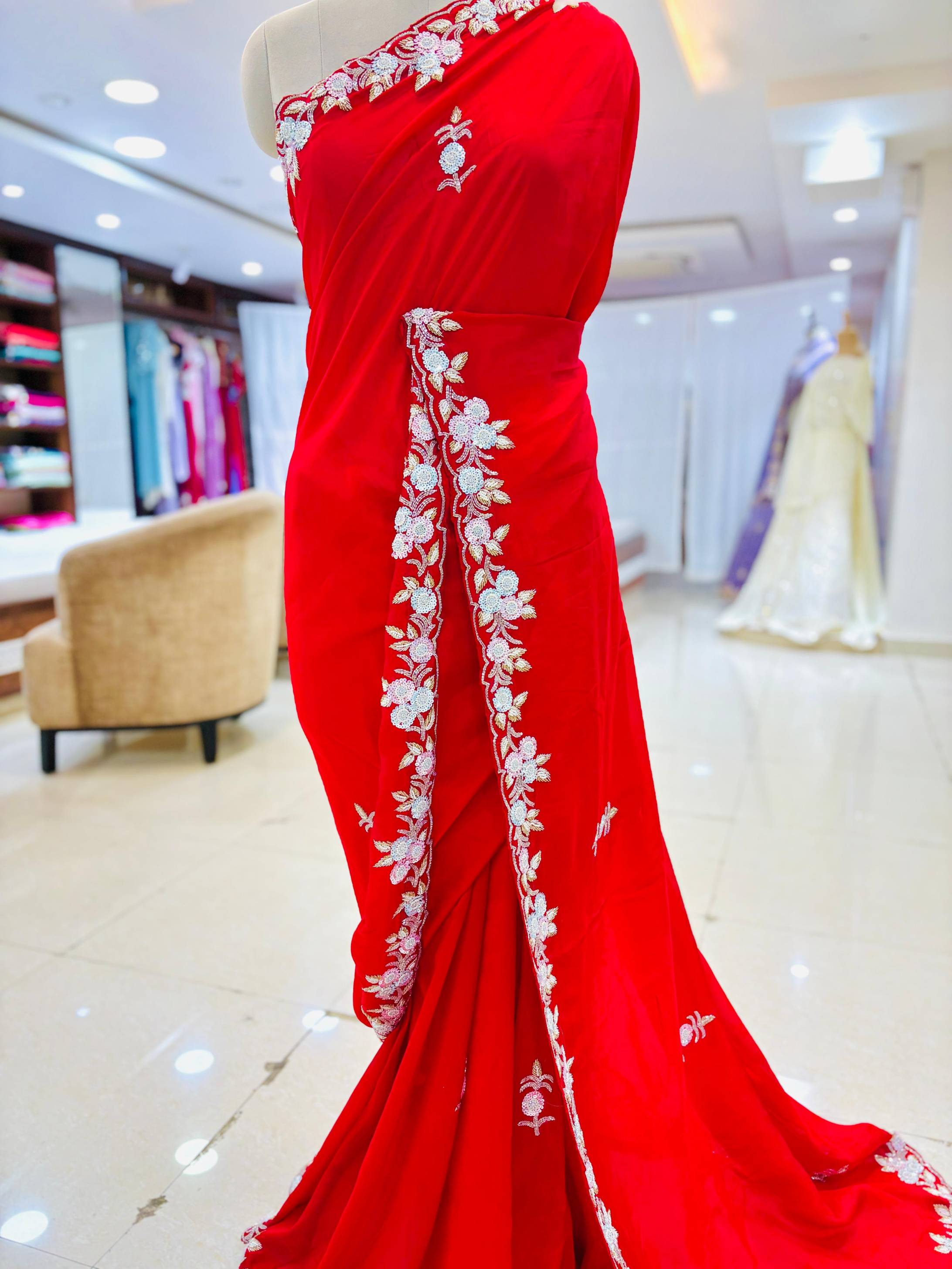 Apple Red Pure Silk Designer Saree