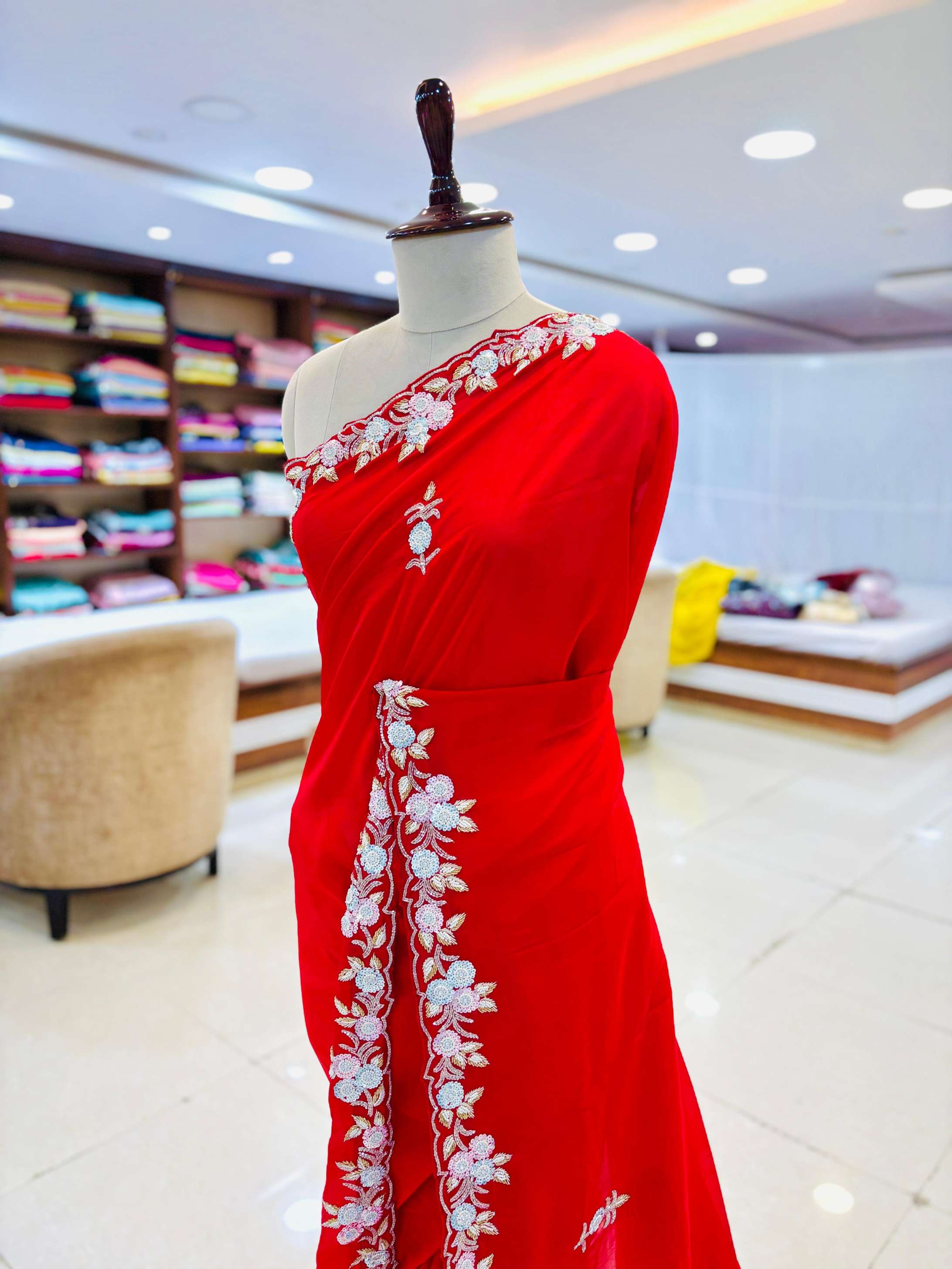 Apple Red Pure Silk Designer Saree