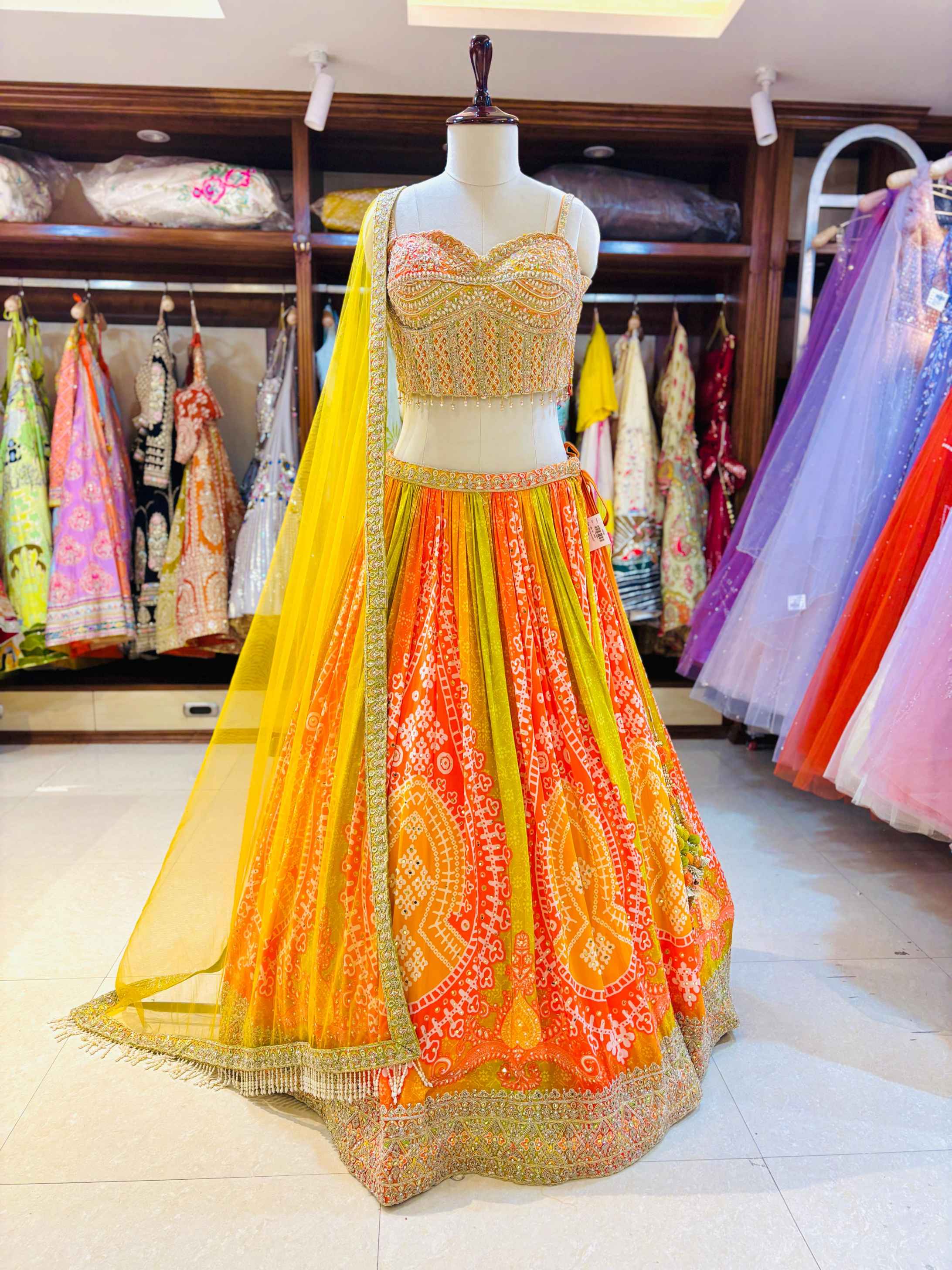Multicolor Bandhani Print Embroidered Lehenga