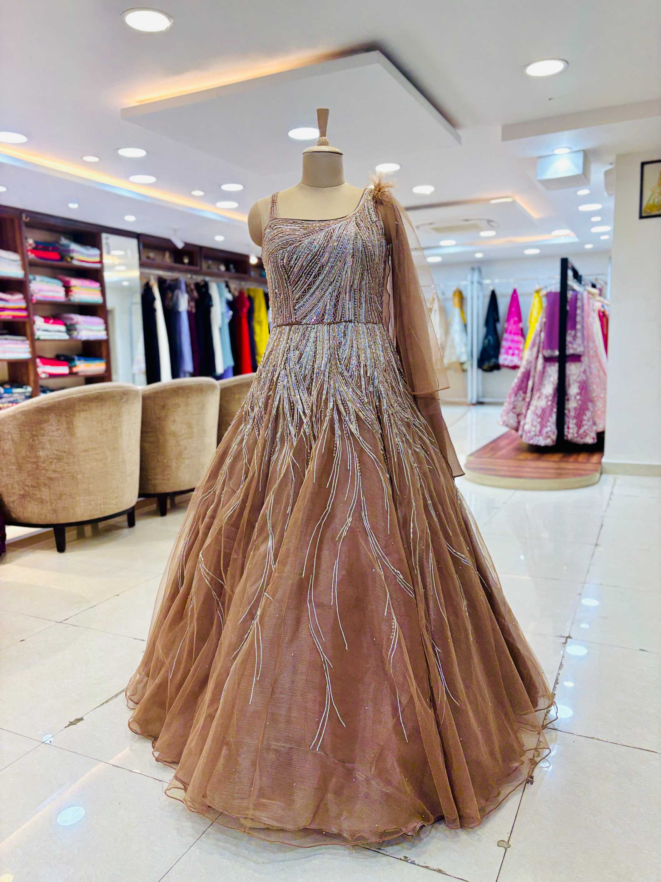 Light Brown Indowestern Tissue Sequins Gown