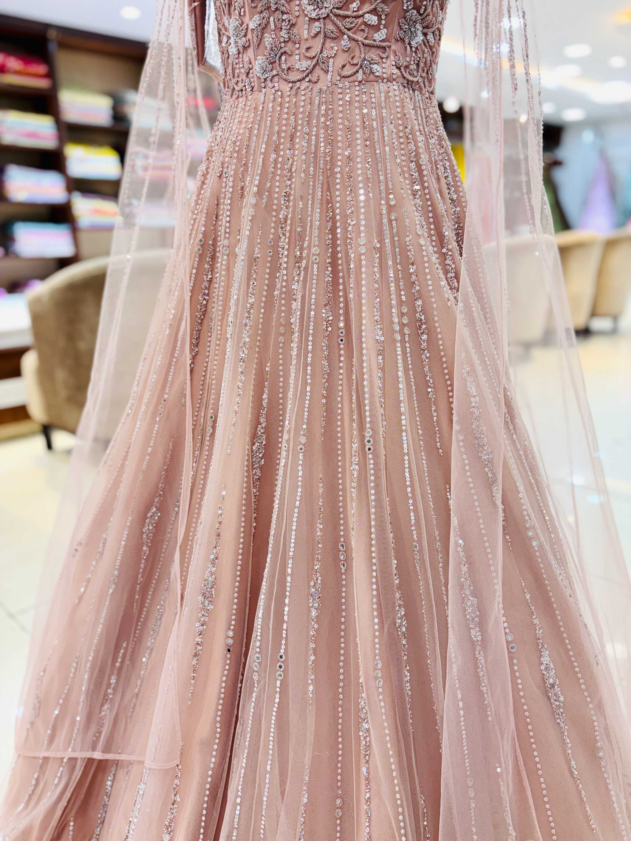 Cotton Pink Net Sequins Embroidery Reception Gown