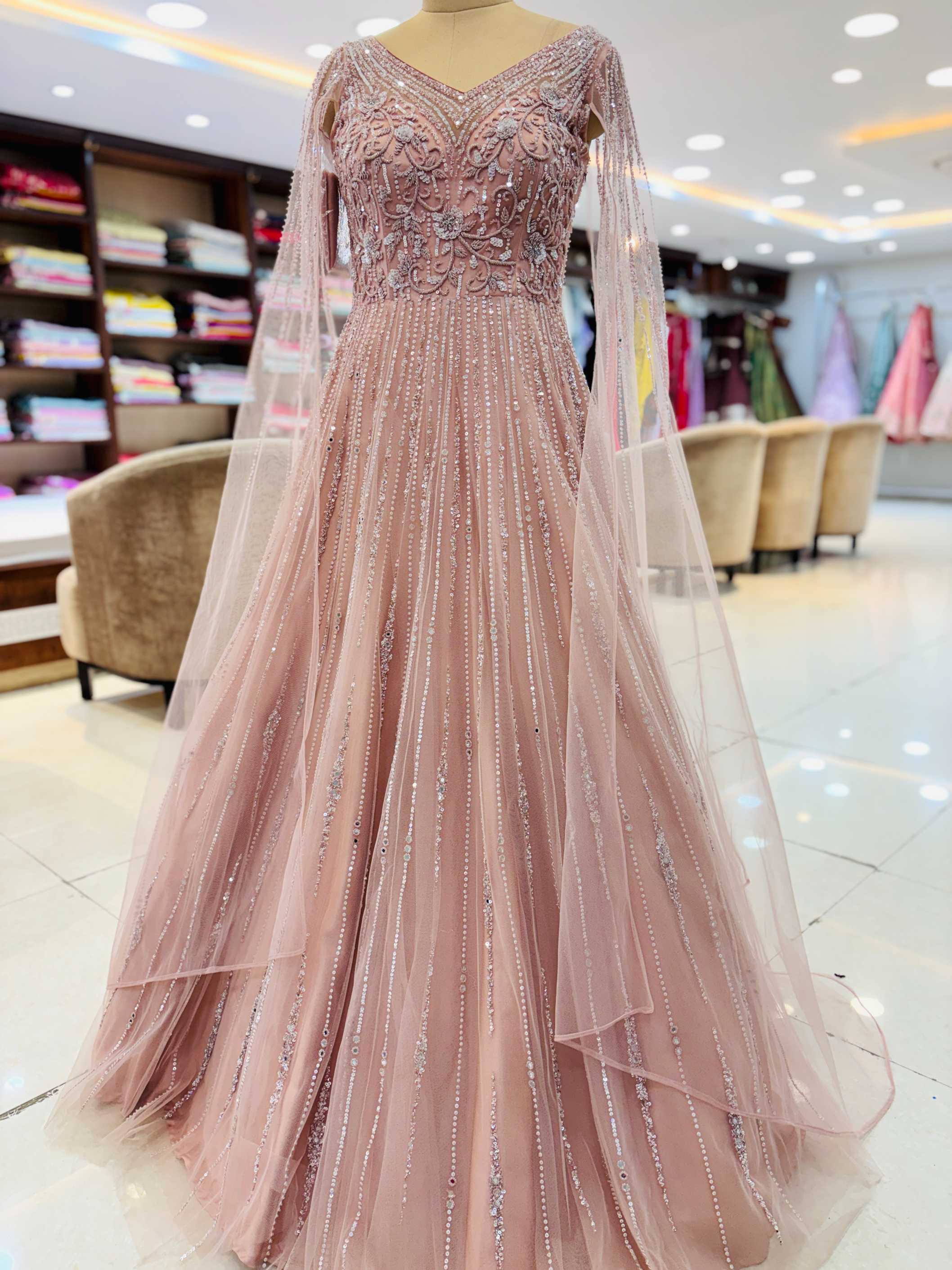 Cotton Pink Net Sequins Embroidery Reception Gown