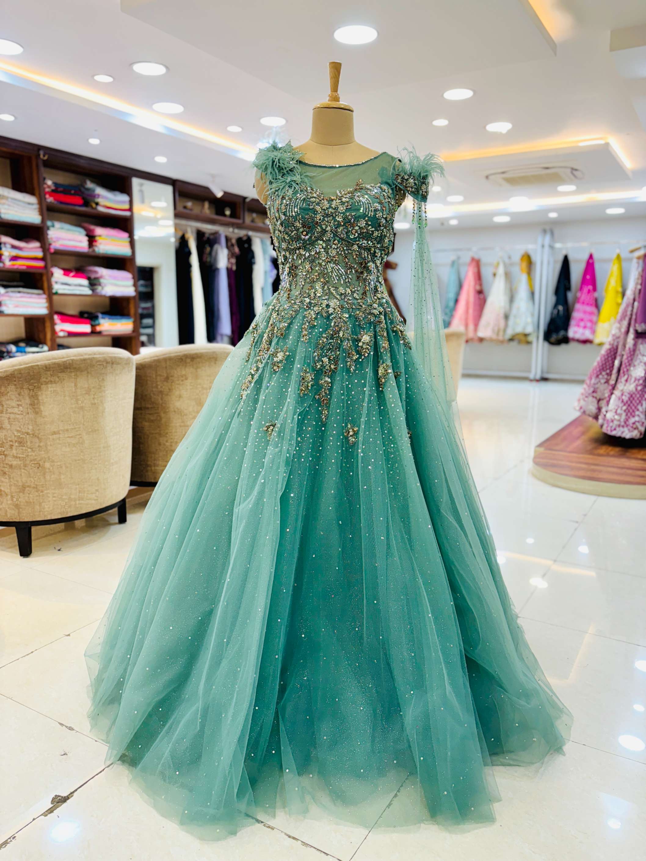 Sage Green Sequins Embroidered Net Reception Gown