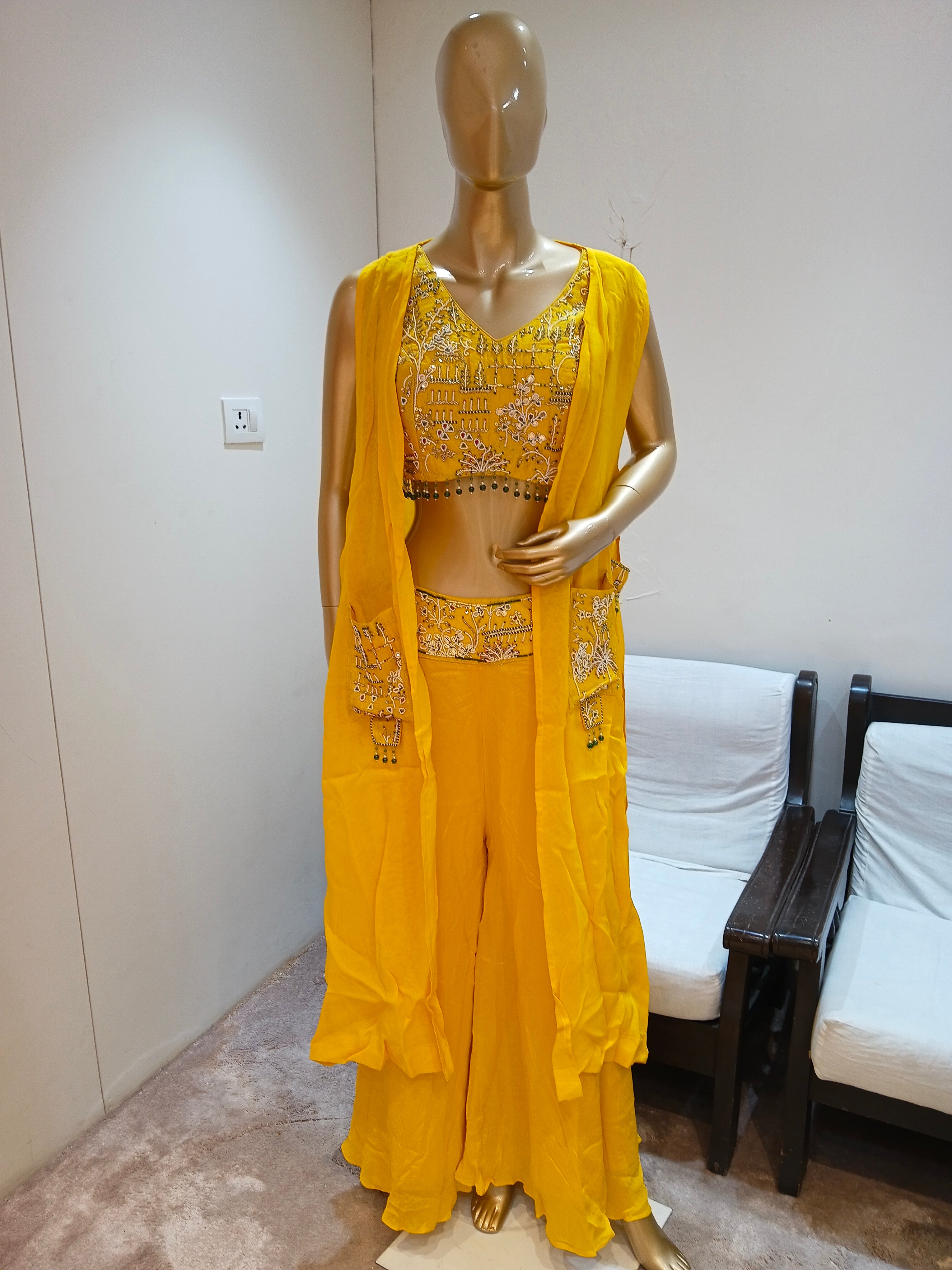 Yellow Embroidered Indo-western With Sleeveless Shrug