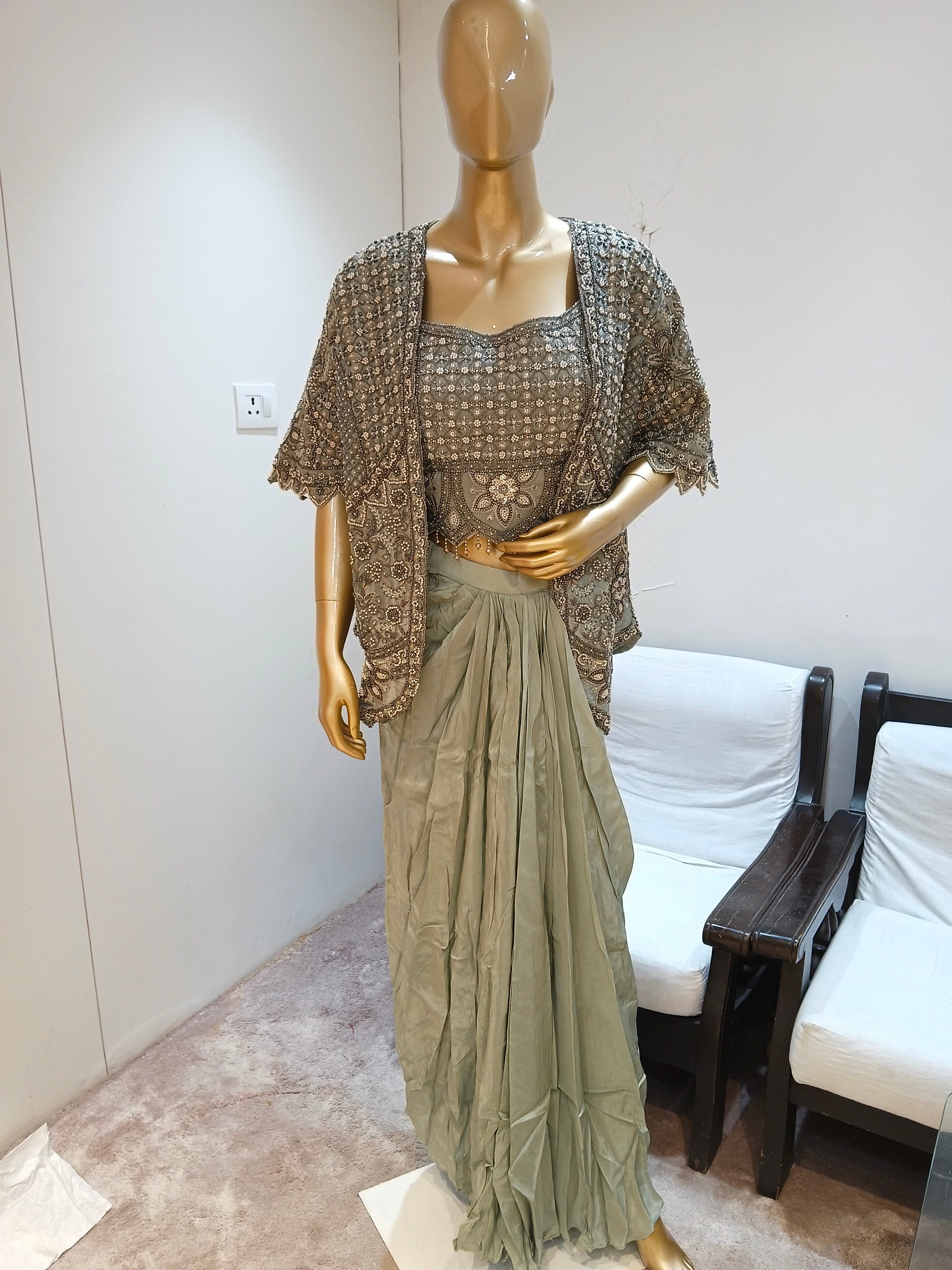 Green Embroidered Indowestern With Drape Skirt & Jacket
