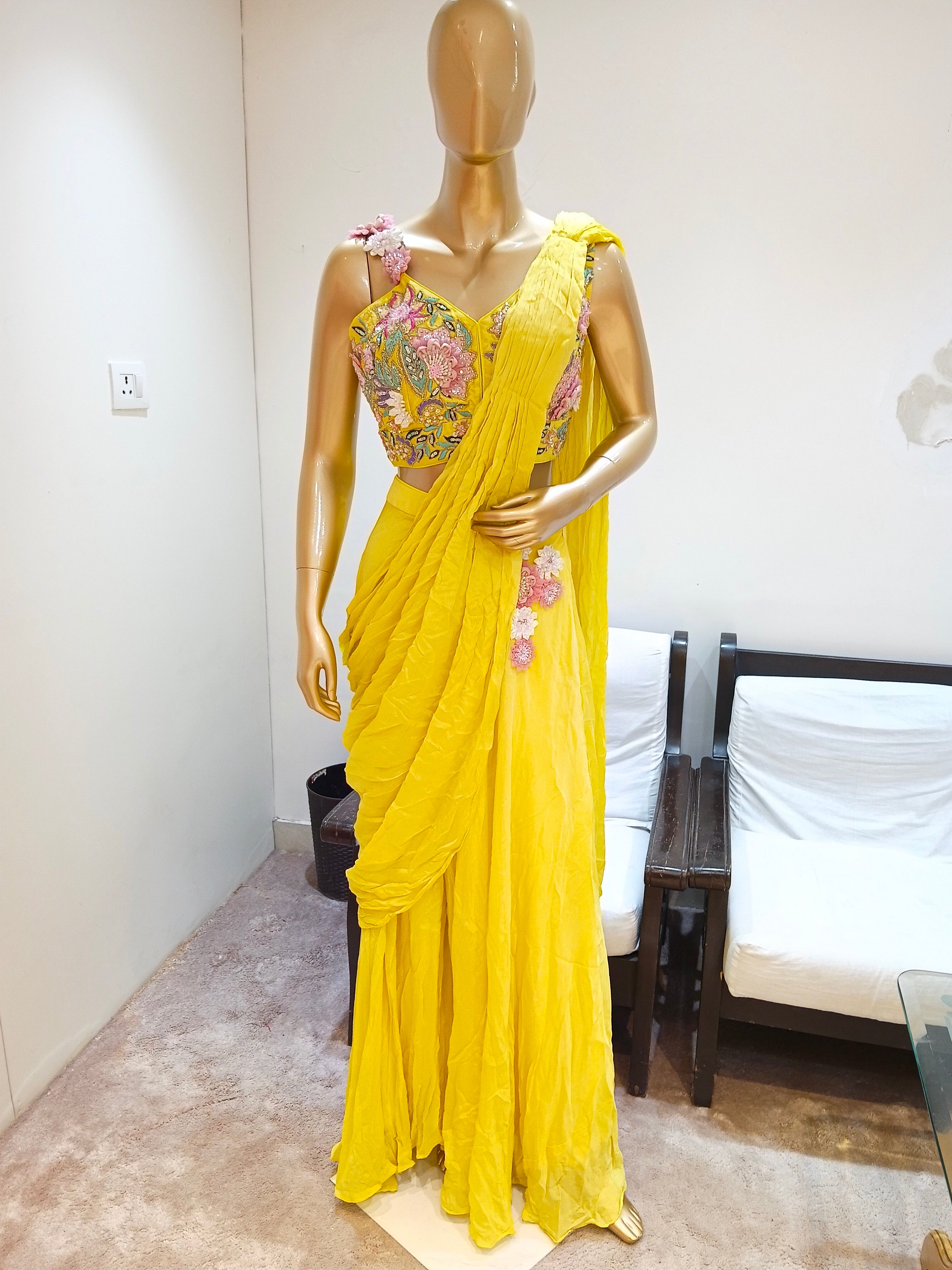Yellow Floral Embroidered Ready To Wear Drape Saree