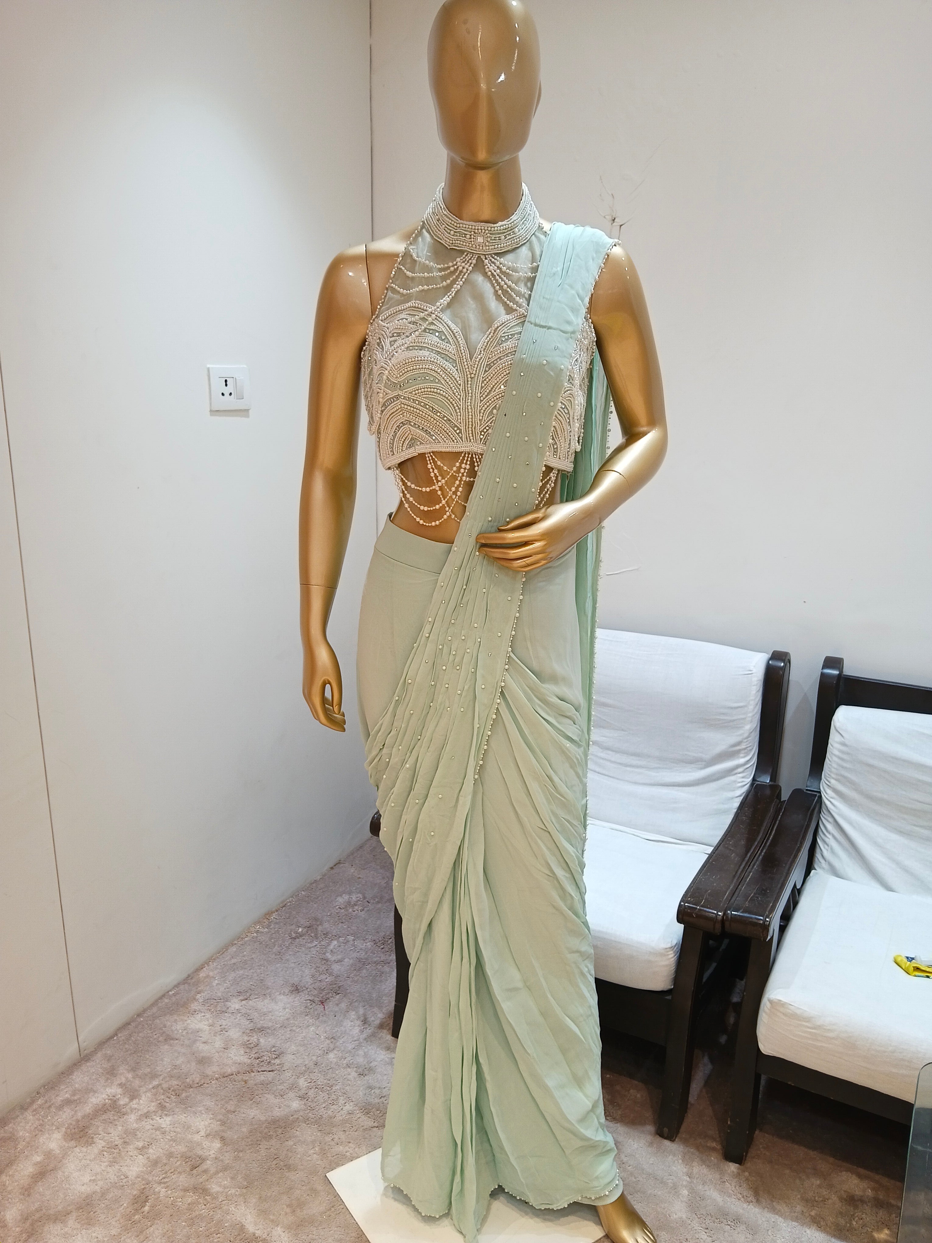 Sea Green Embroidered Drape Saree