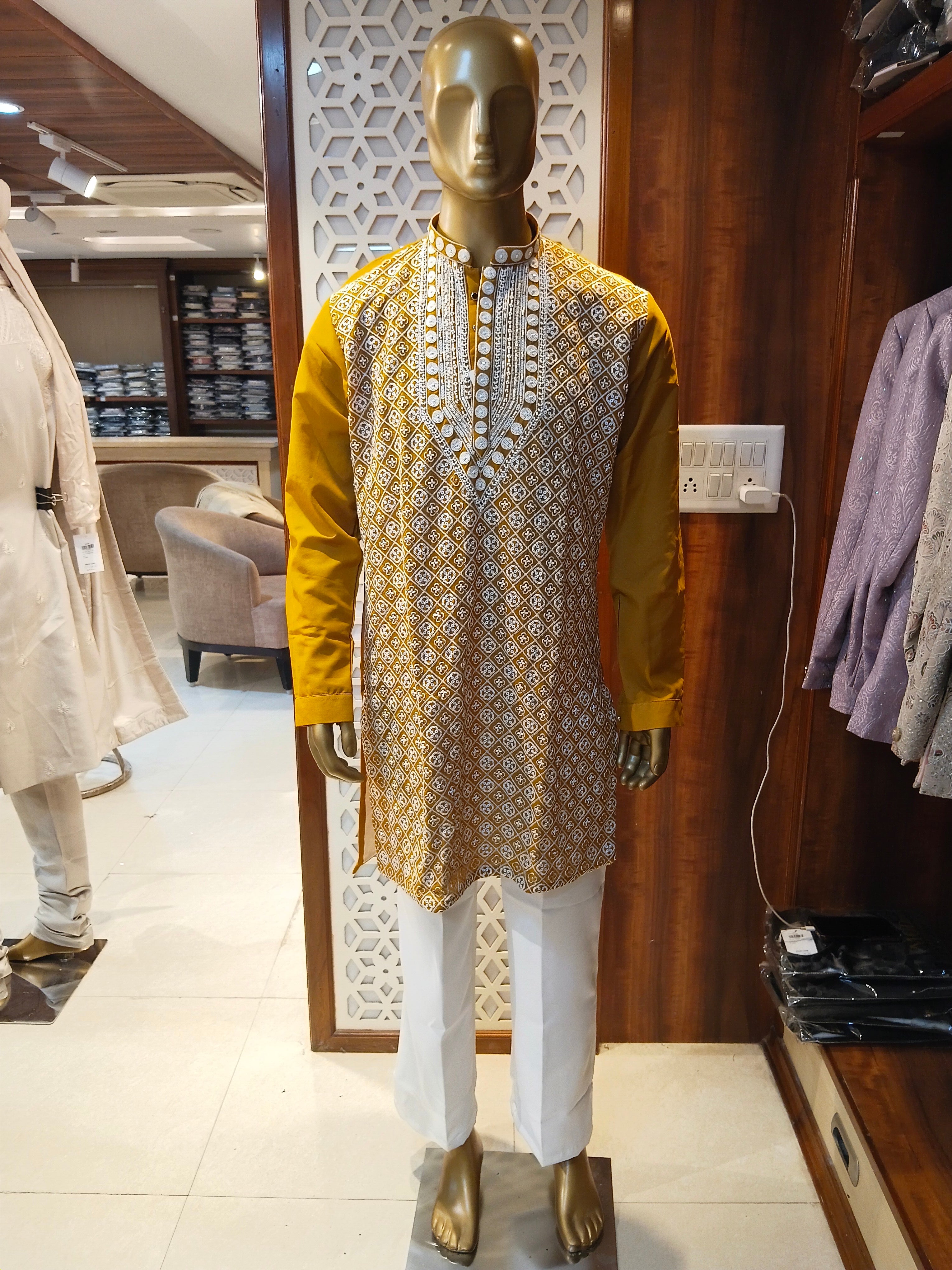 Yellow Embroidered Kurta Pajama for Men