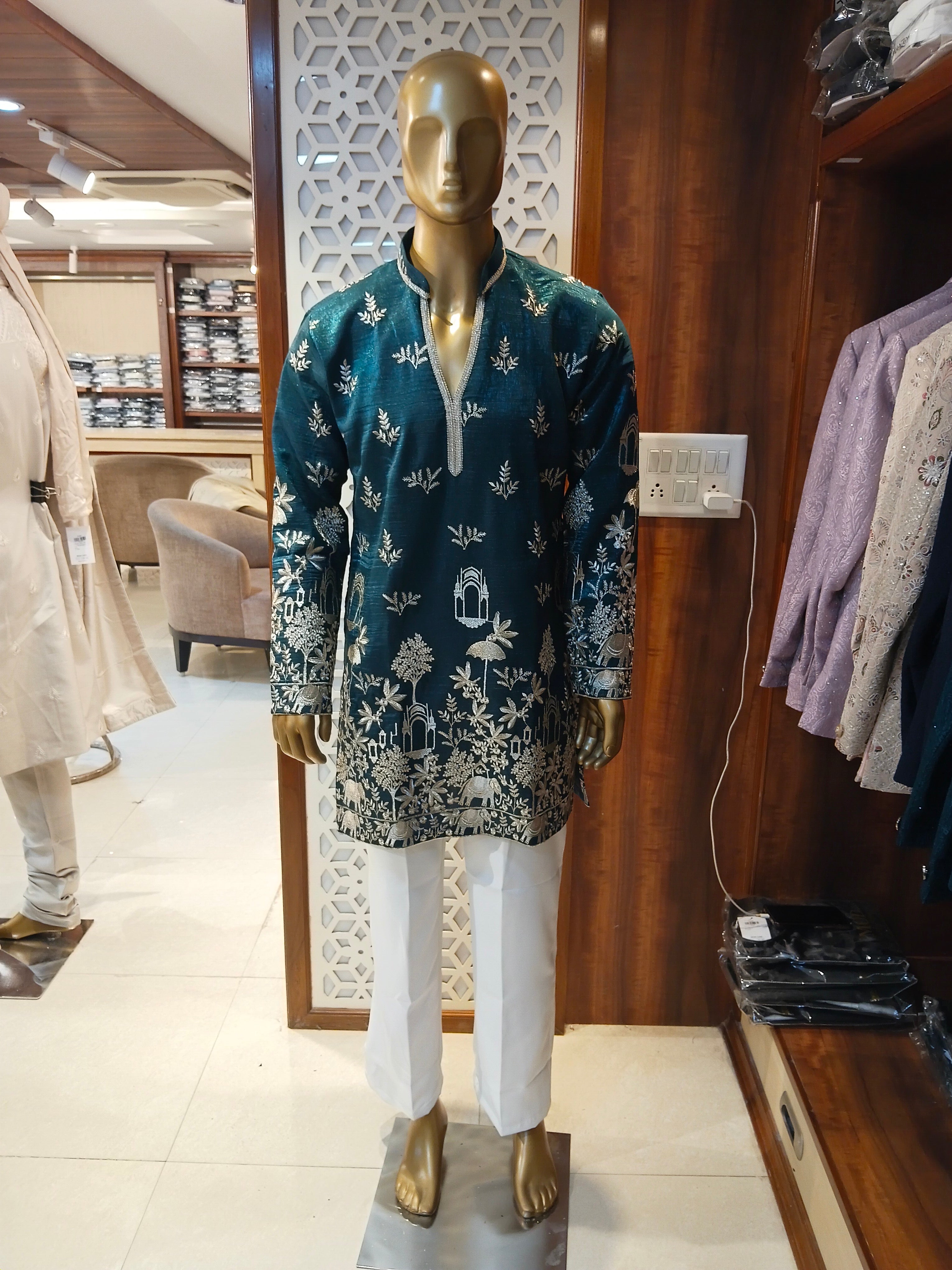 Teal Green Embroidered Kurta Pajama for Men
